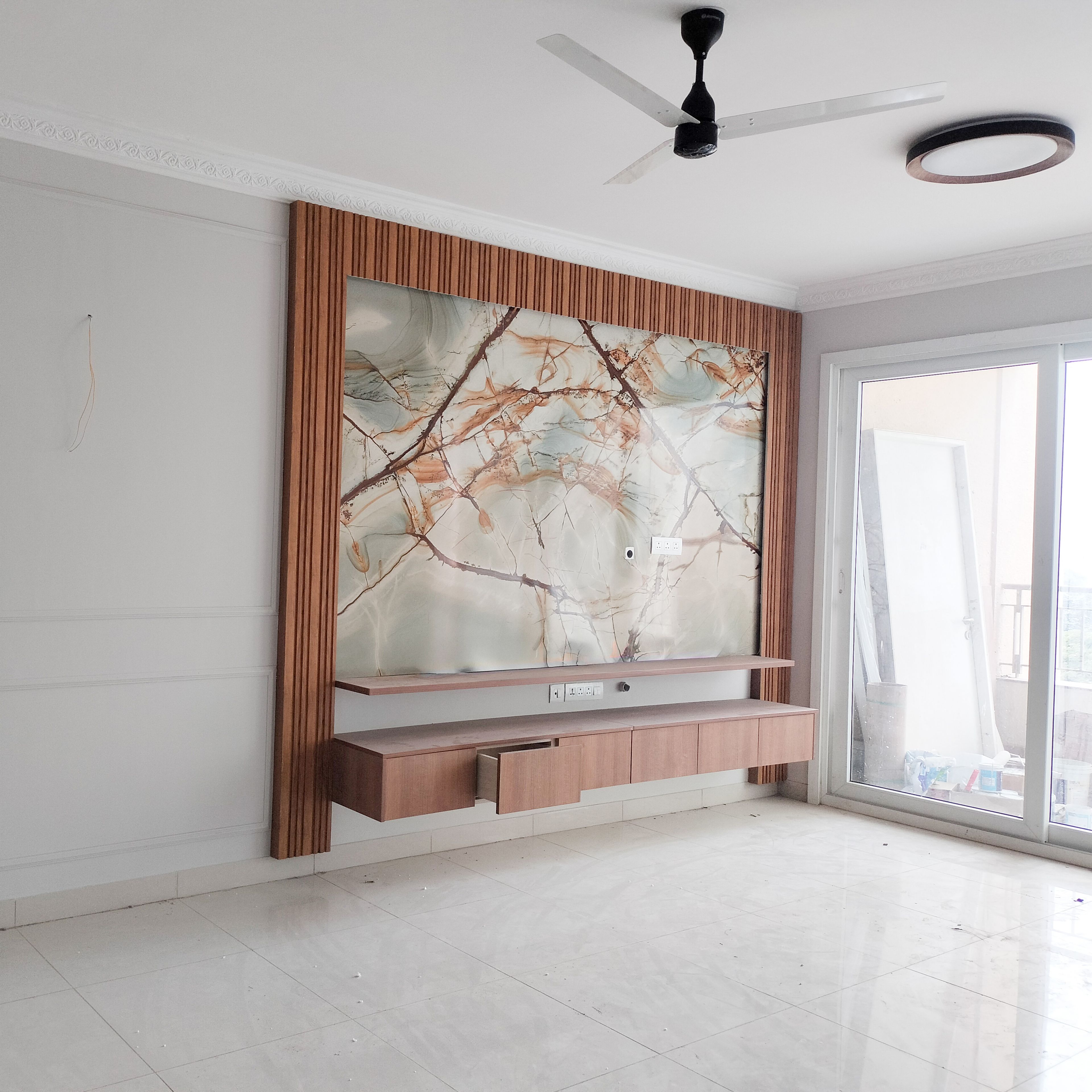TV Unit Design with Marble Patterned Backsplash Wall and Wooden Drawers