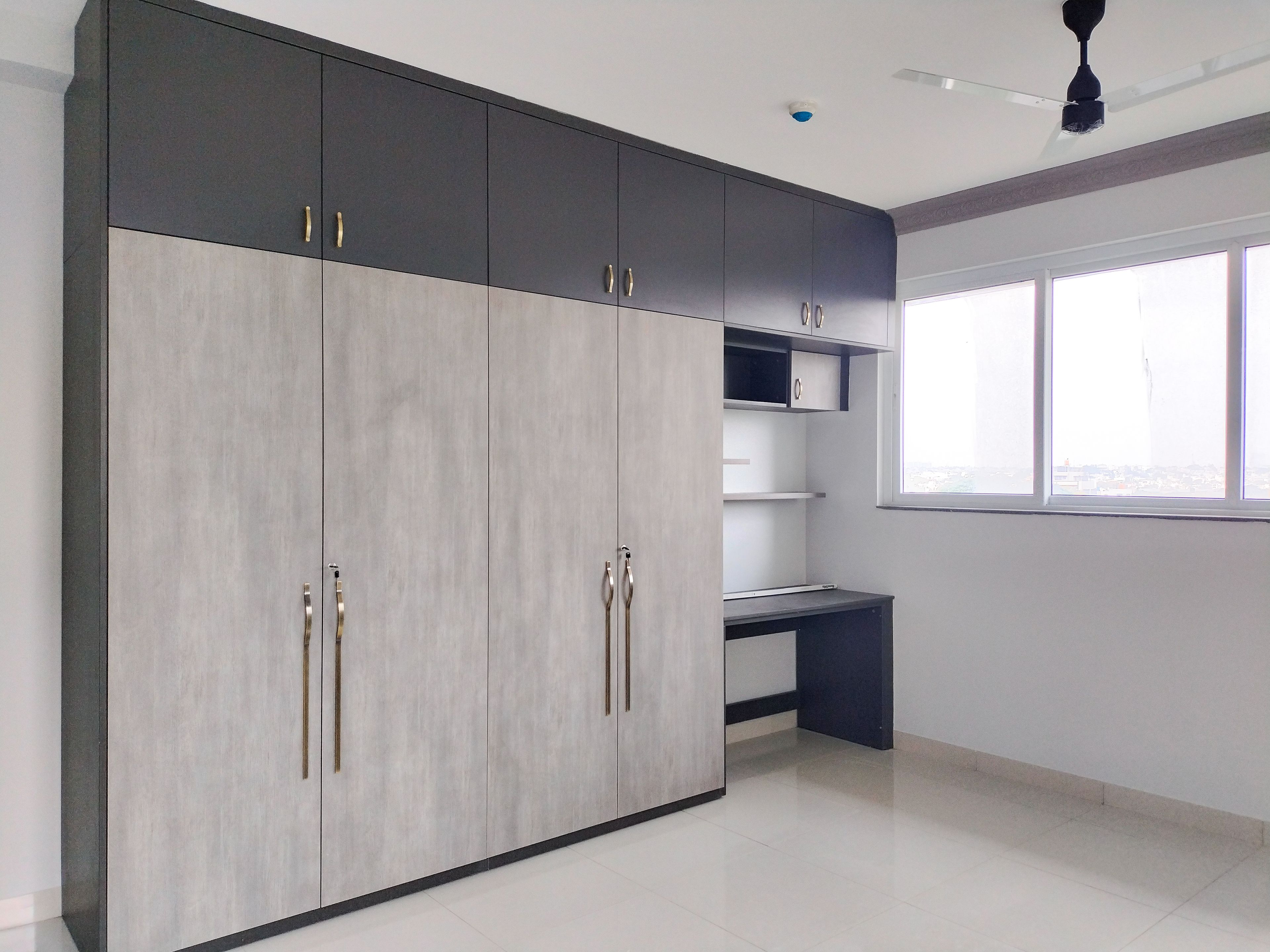 4-Door Two-Tone Grey Swing Wardrobe and Attached Study Unit