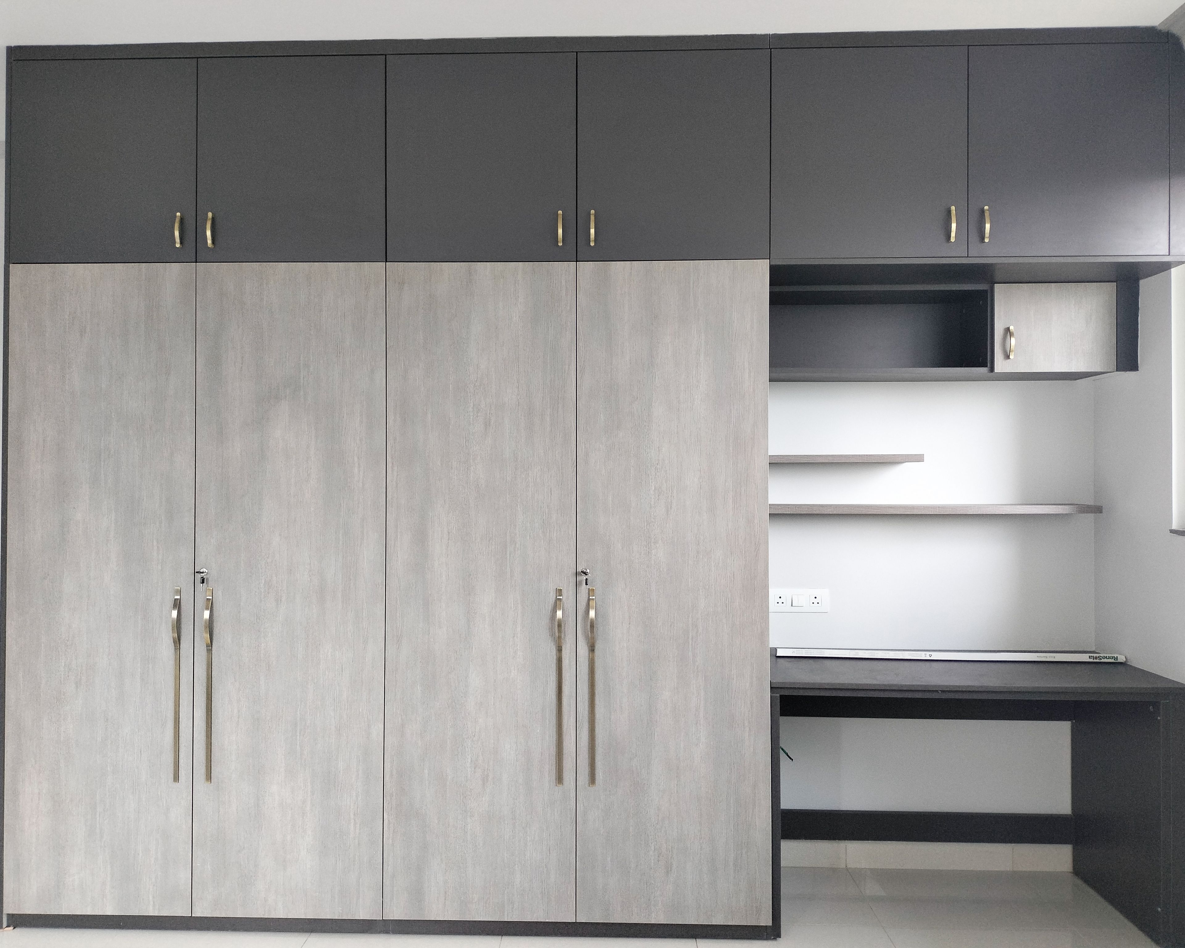 4-Door Two-Tone Grey Swing Wardrobe and Attached Study Unit