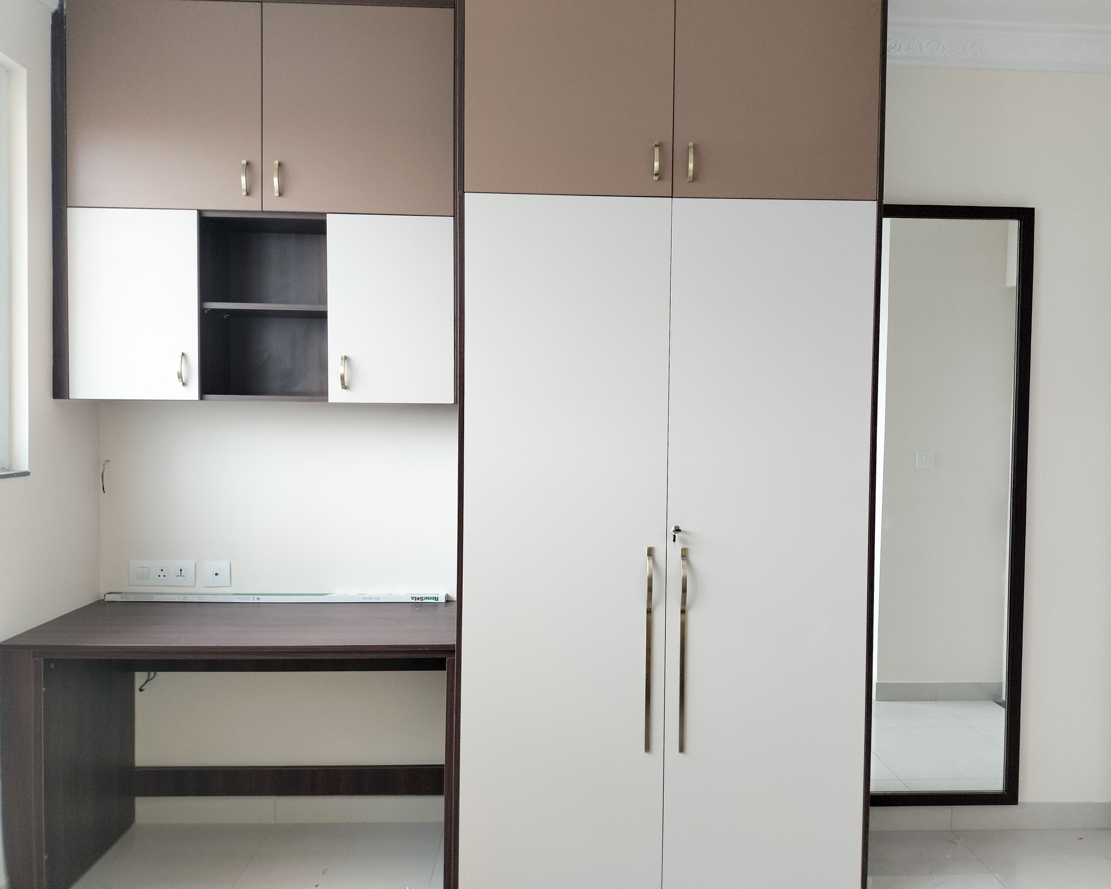 2-Door White and Brown Swing Wardrobe and Attached Study Unit