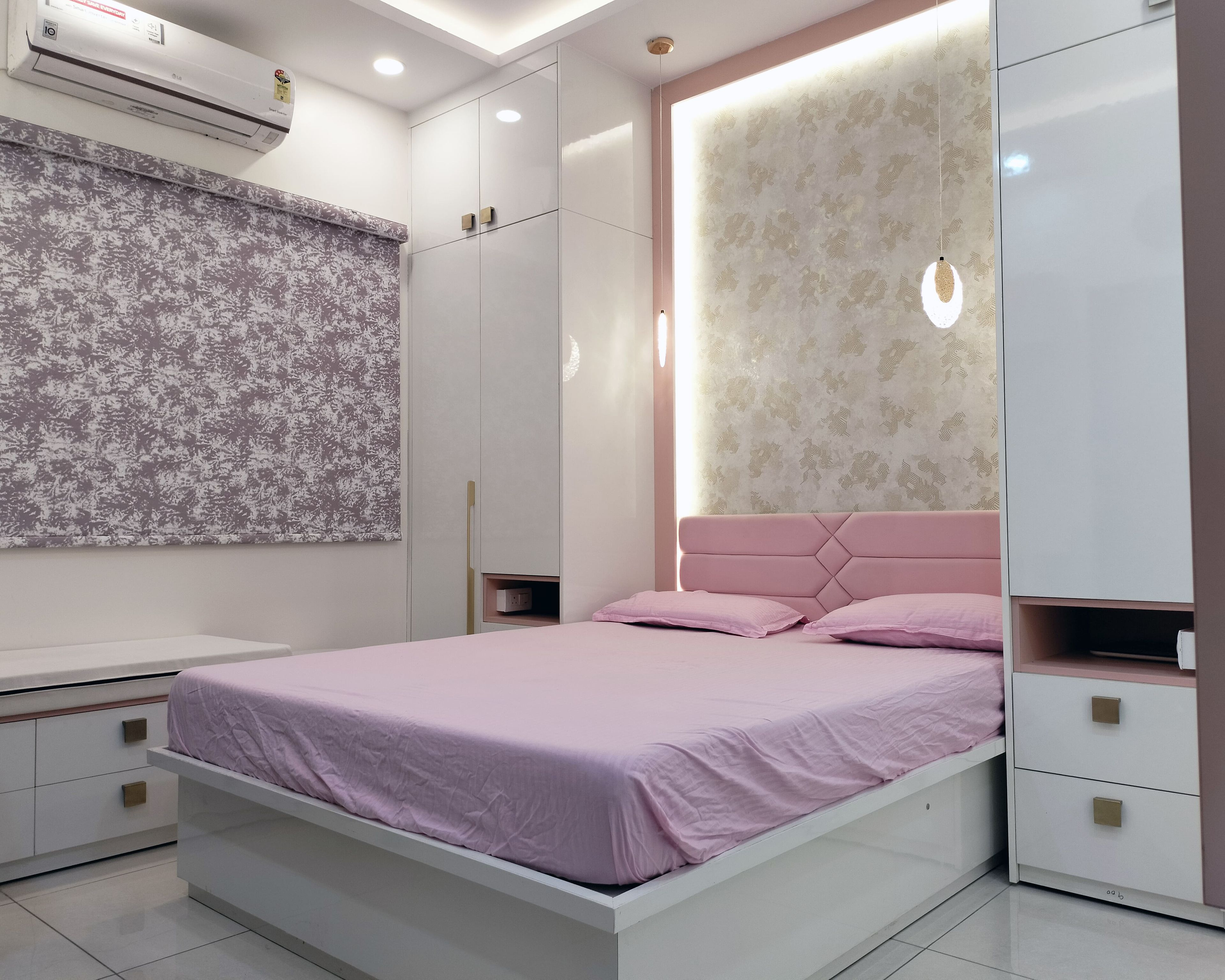 Contemporary Kids Bedroom Design with Queen Bed and Study Table