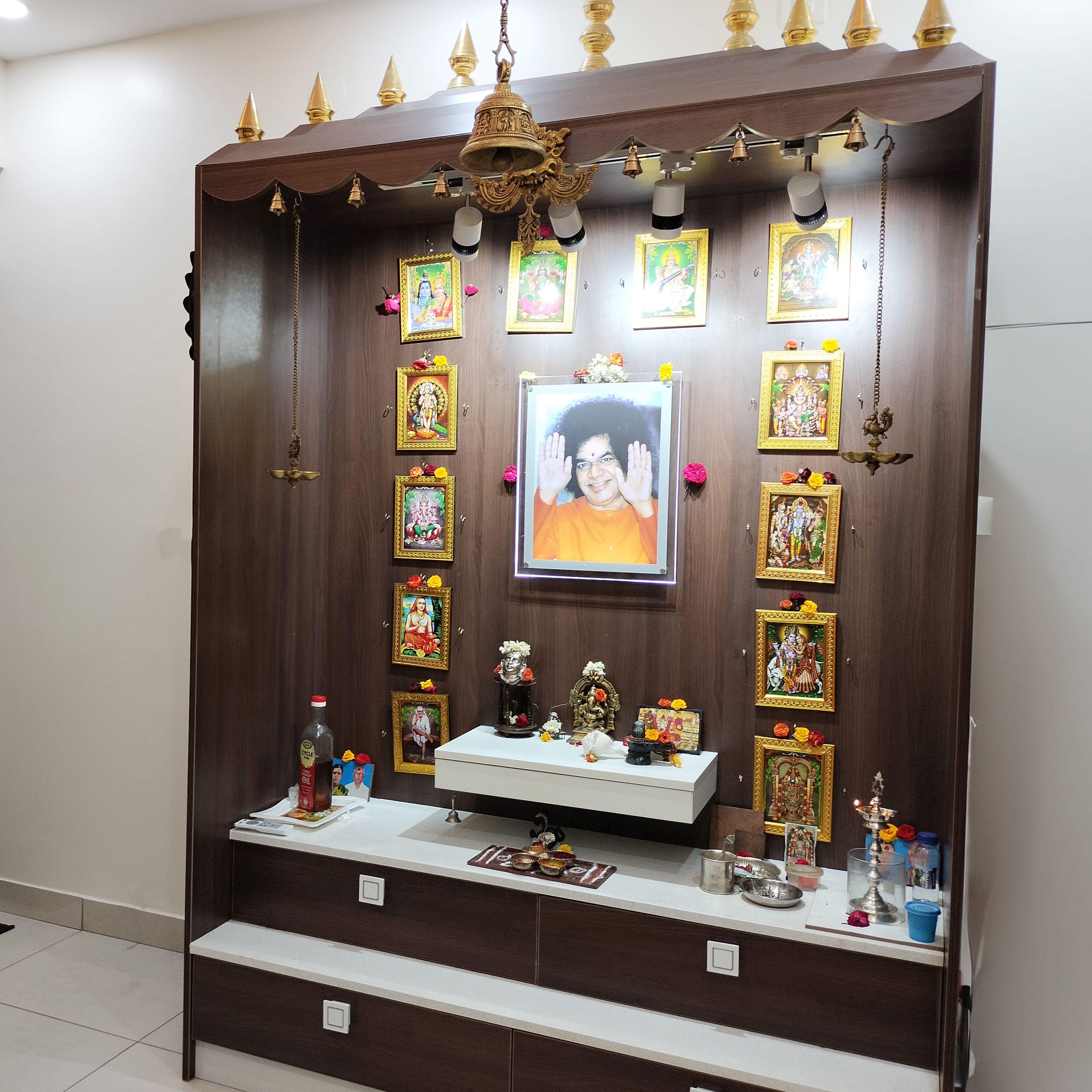 Contemporary Floor Mounted Pooja Unit Design with Drawer Storage