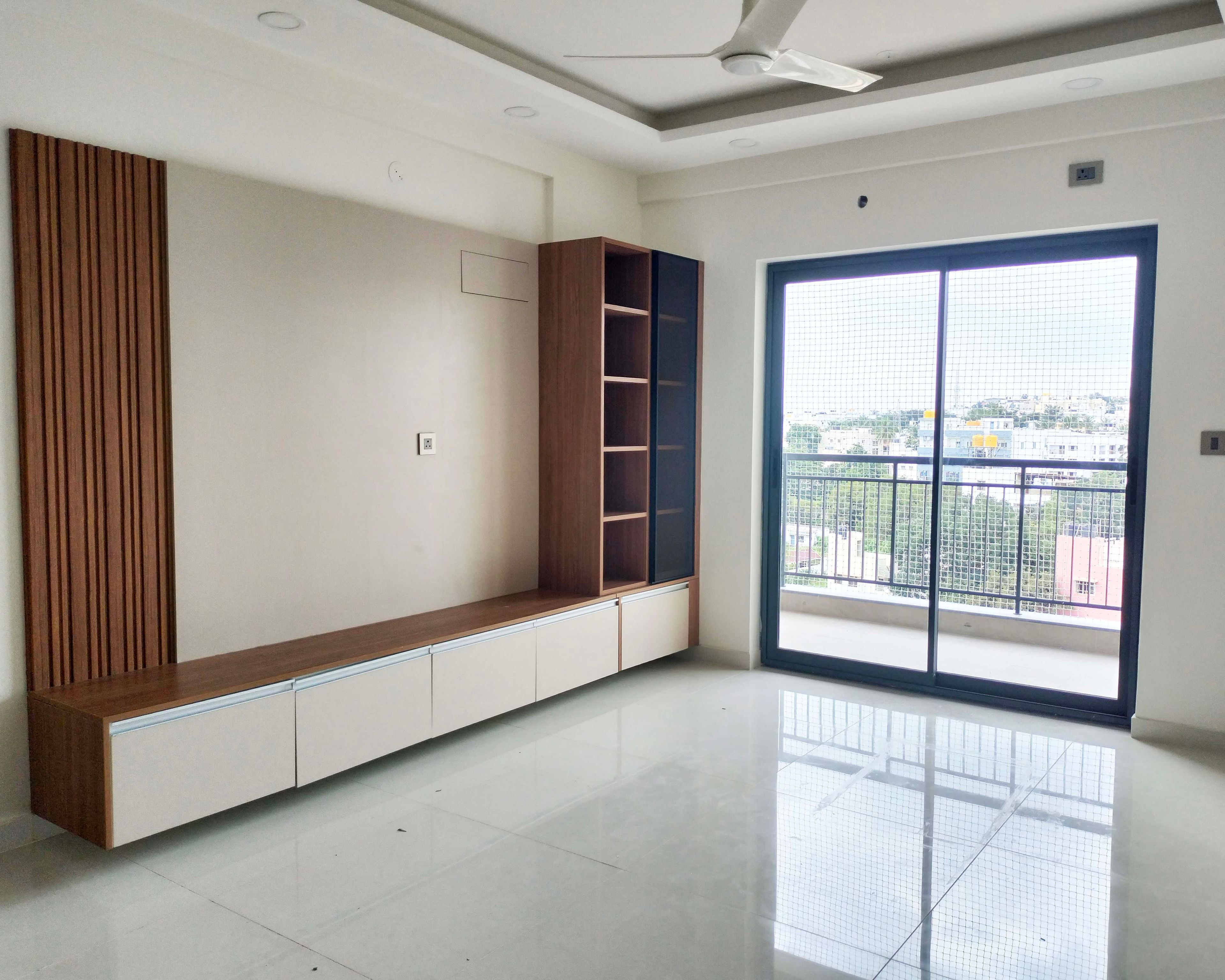 TV Unit Design with White Drawers and Wooden Wall Mounted Tall Units