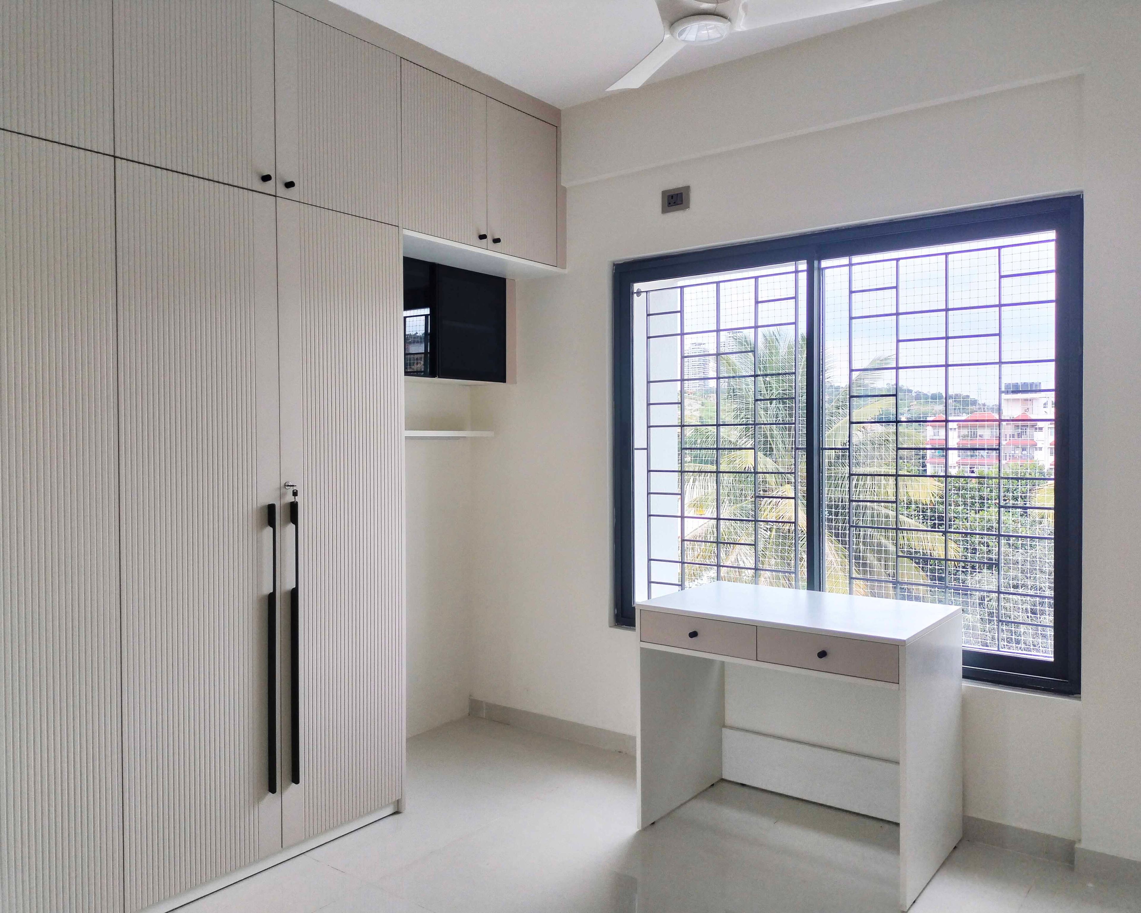 4-Door Biege Swing Wardrobe Design with Beige Loft Unit and White Study Desk