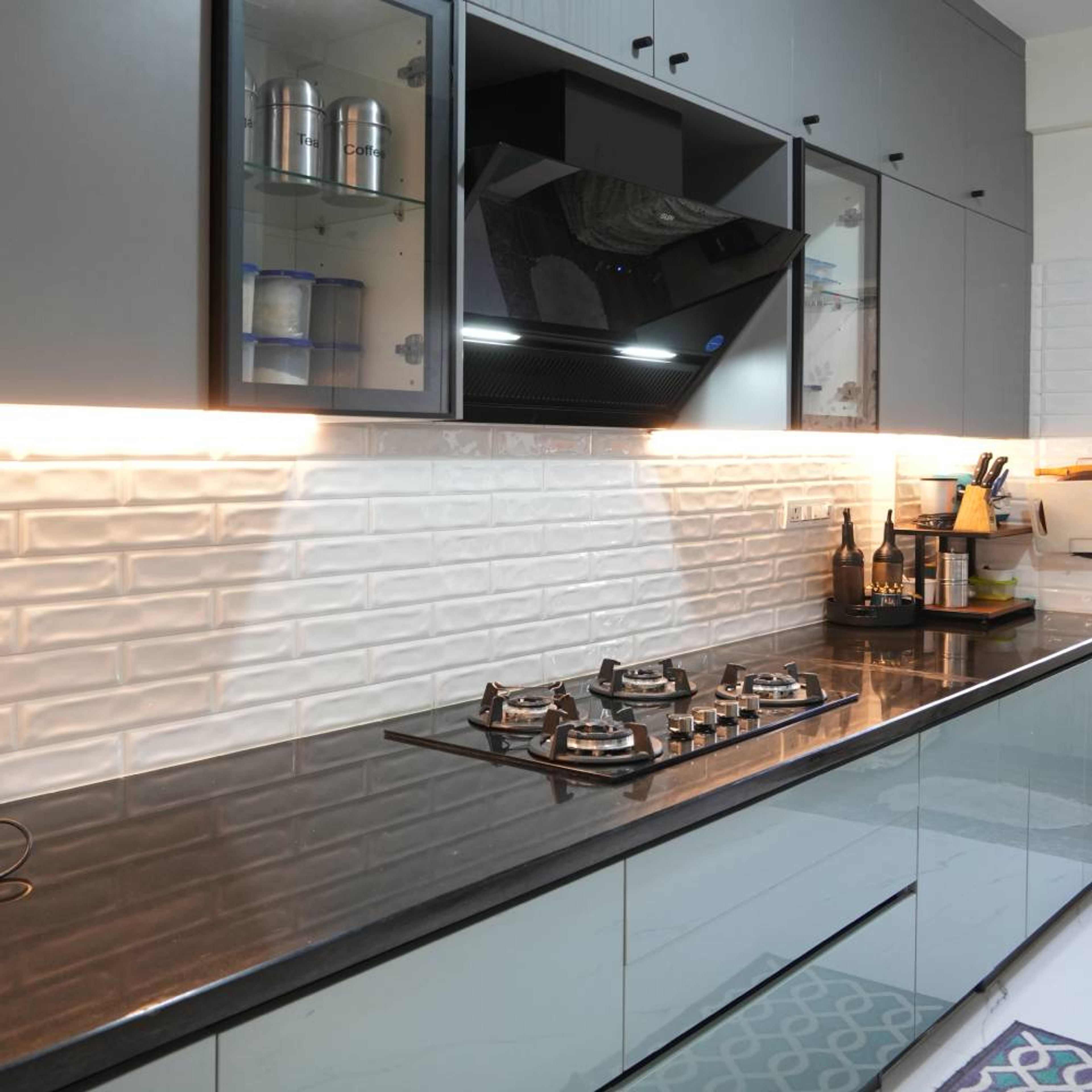 High-Gloss Metallic Blue Parallel Kitchen Design With Granite Countertops