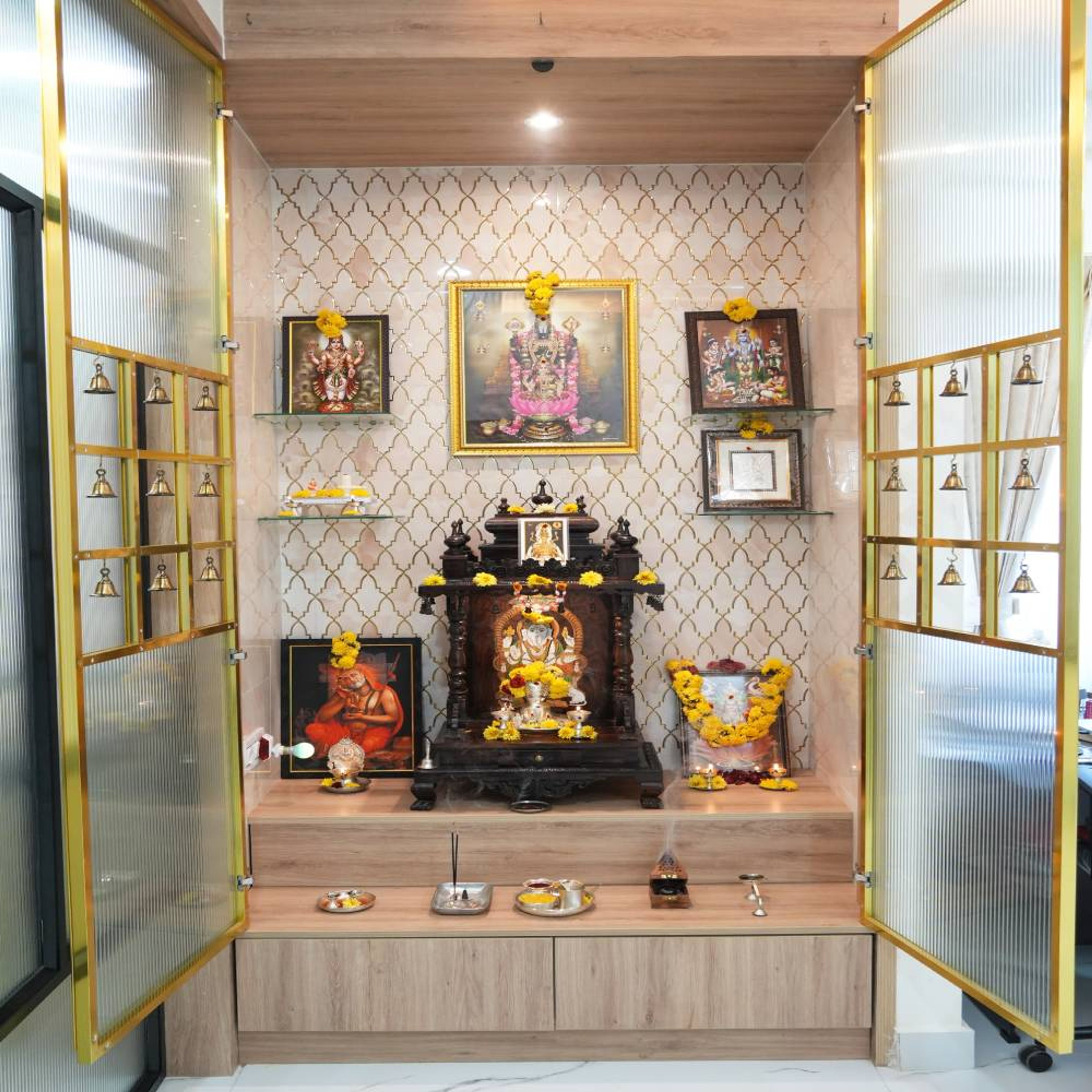 Pooja Design With Gold Glass Doors