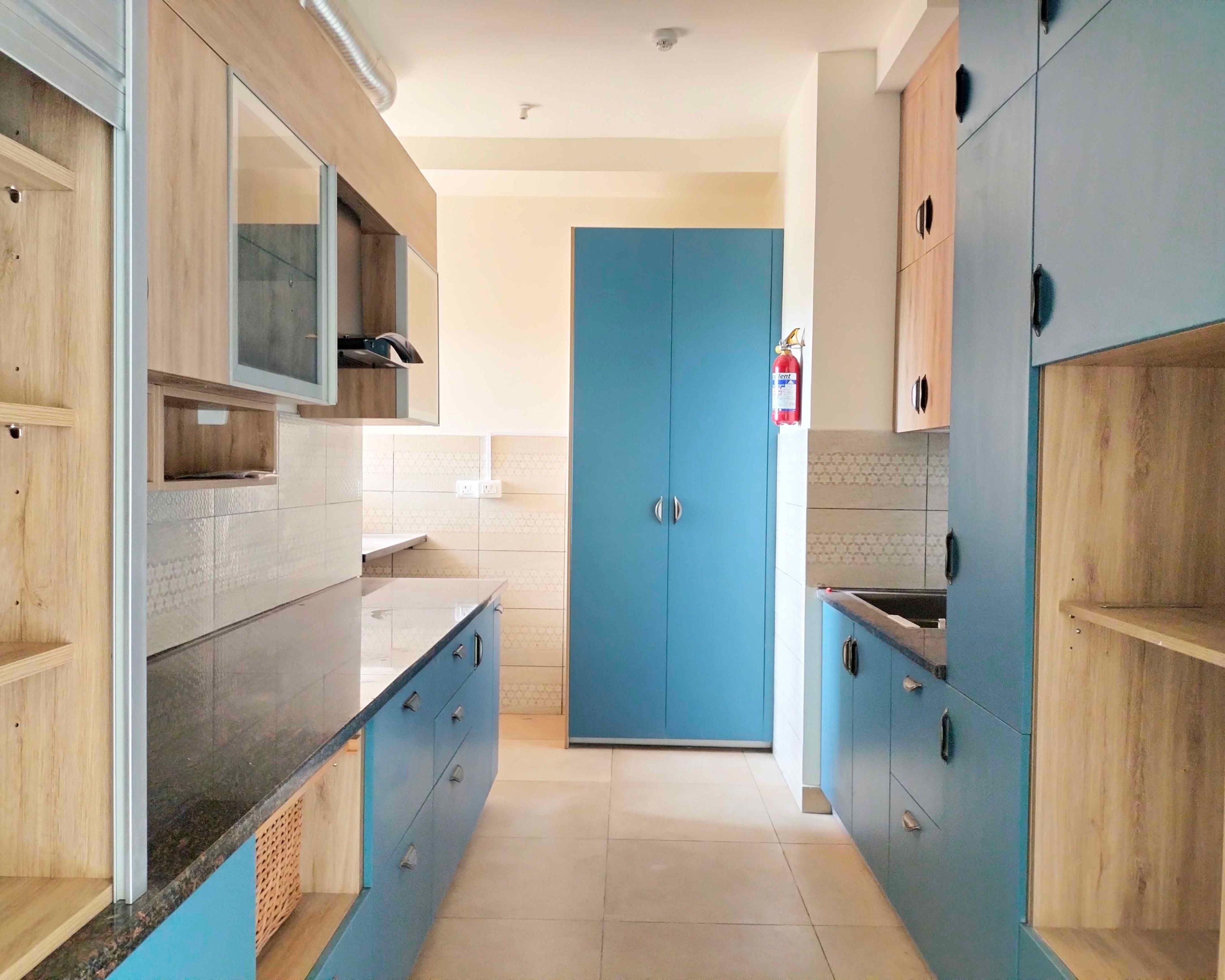 Island Kitchen Design with Blue and Natural Wood Units with Granite Countertop