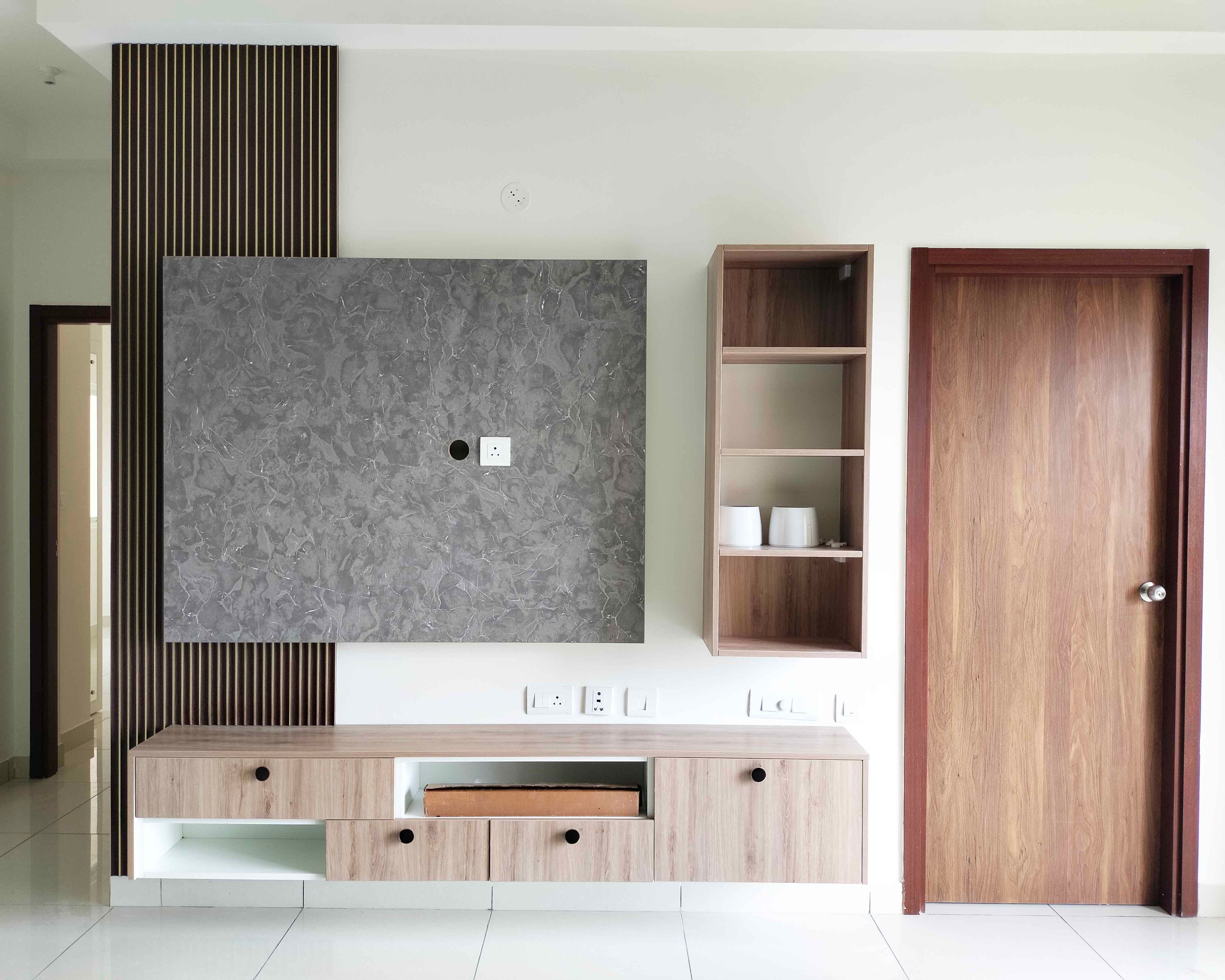 TV Unit Design with Grey Marble Backsplash and Wooden Wall Mounted Tall Unit