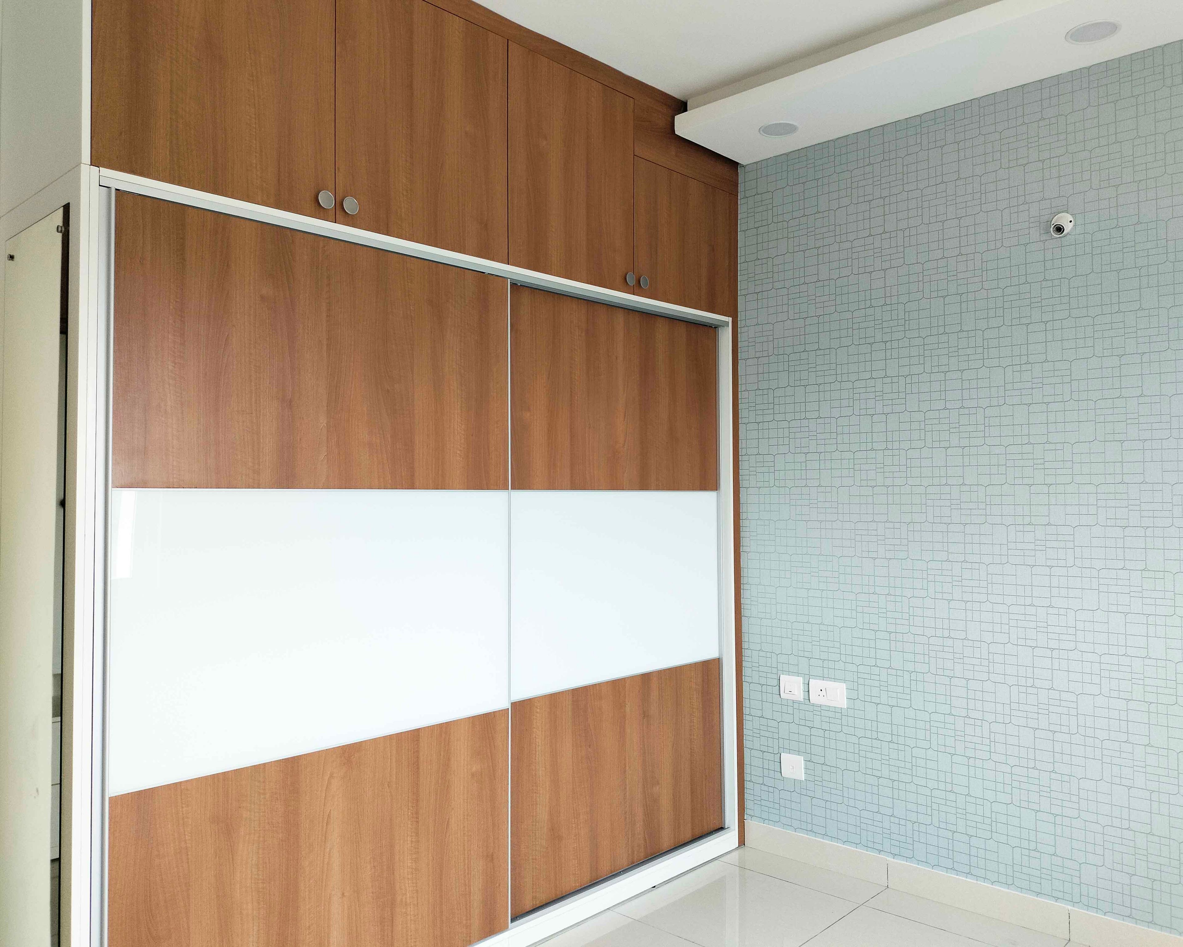 2-Door Wooden and White Sliding Wardrobe Design with Loft Unit