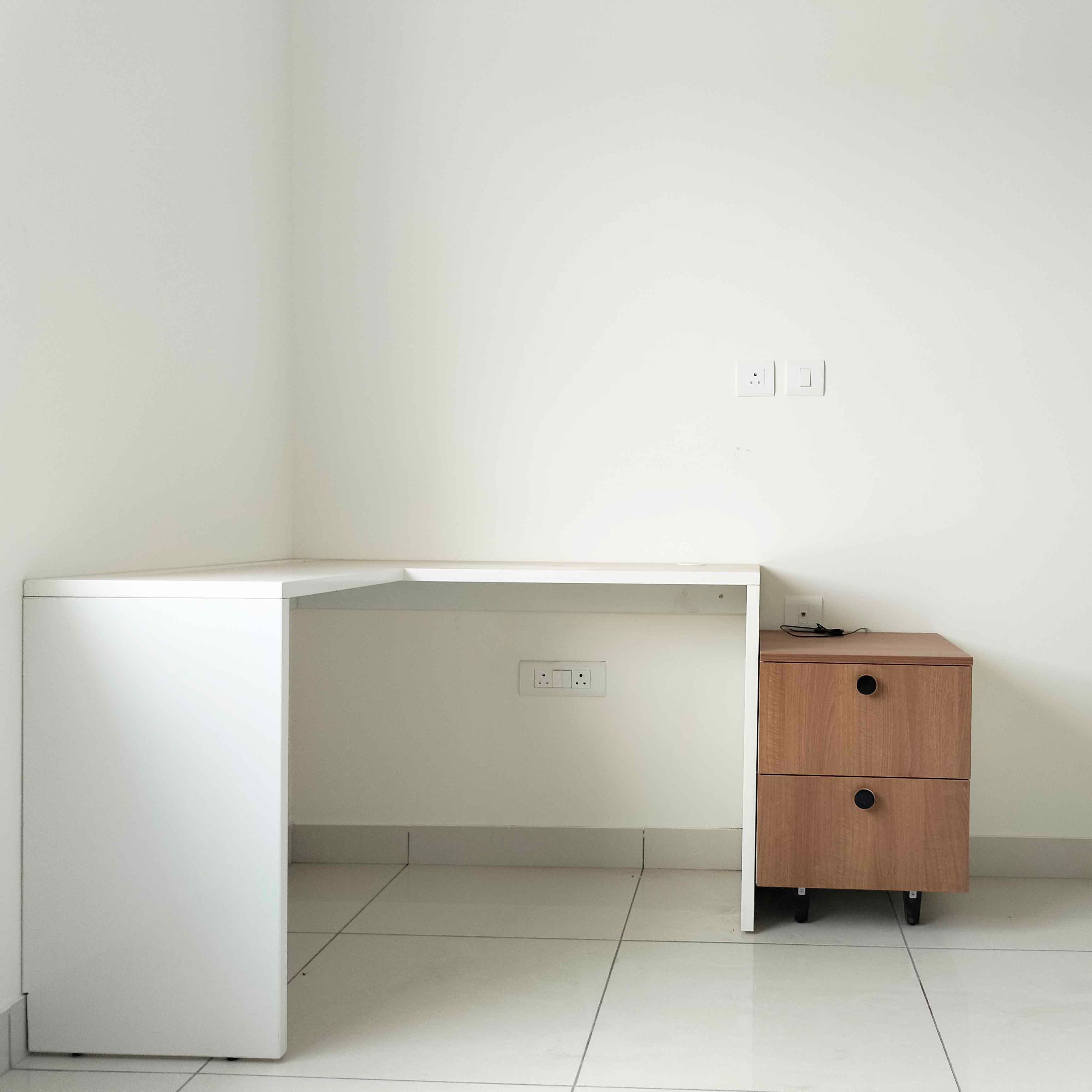 White Study Space with Wall Mounted Desk and Wooden Side Table