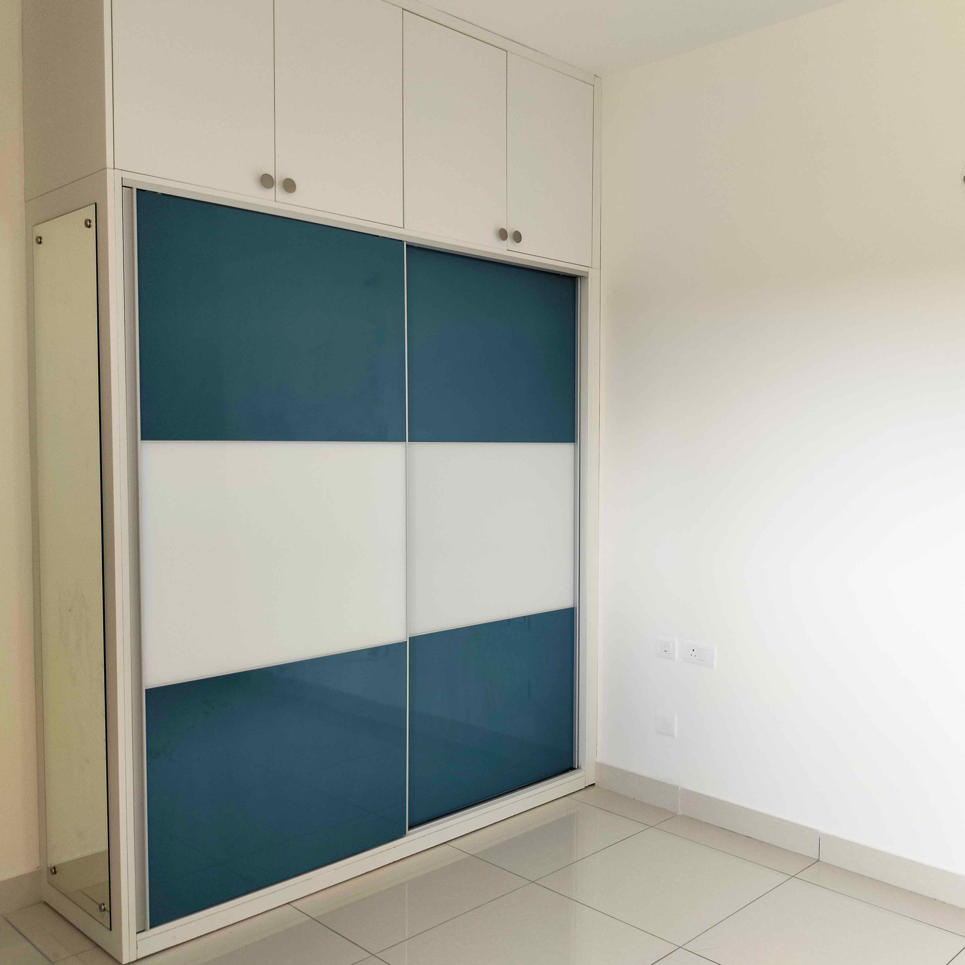 2-Door White and Blue Sliding Wardrobe Design with Loft Unit