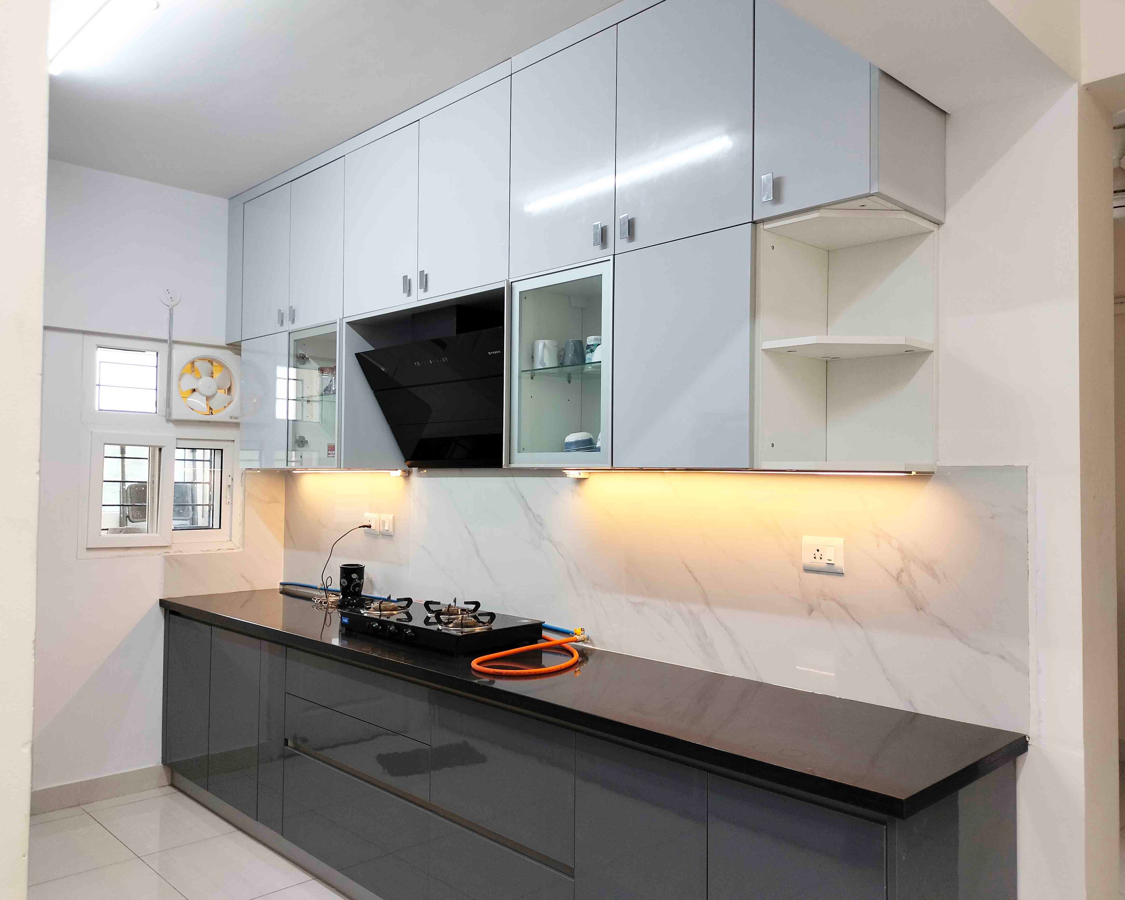 Parallel Kitchen Design with Dark Grey and White Units and Granite Countertop