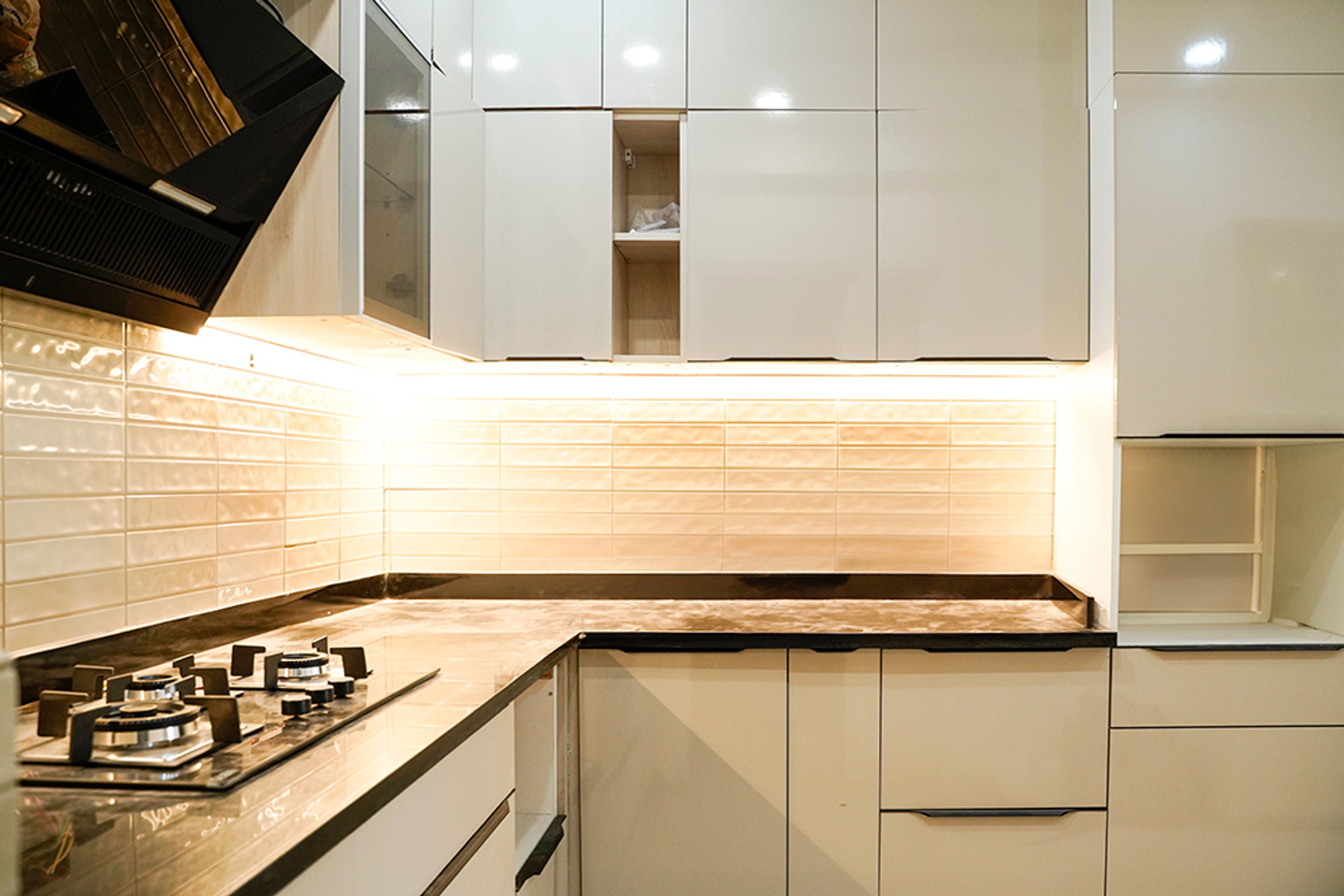 L-Shaped Kitchen Design with Beige Units and Under Cabinet Lighting