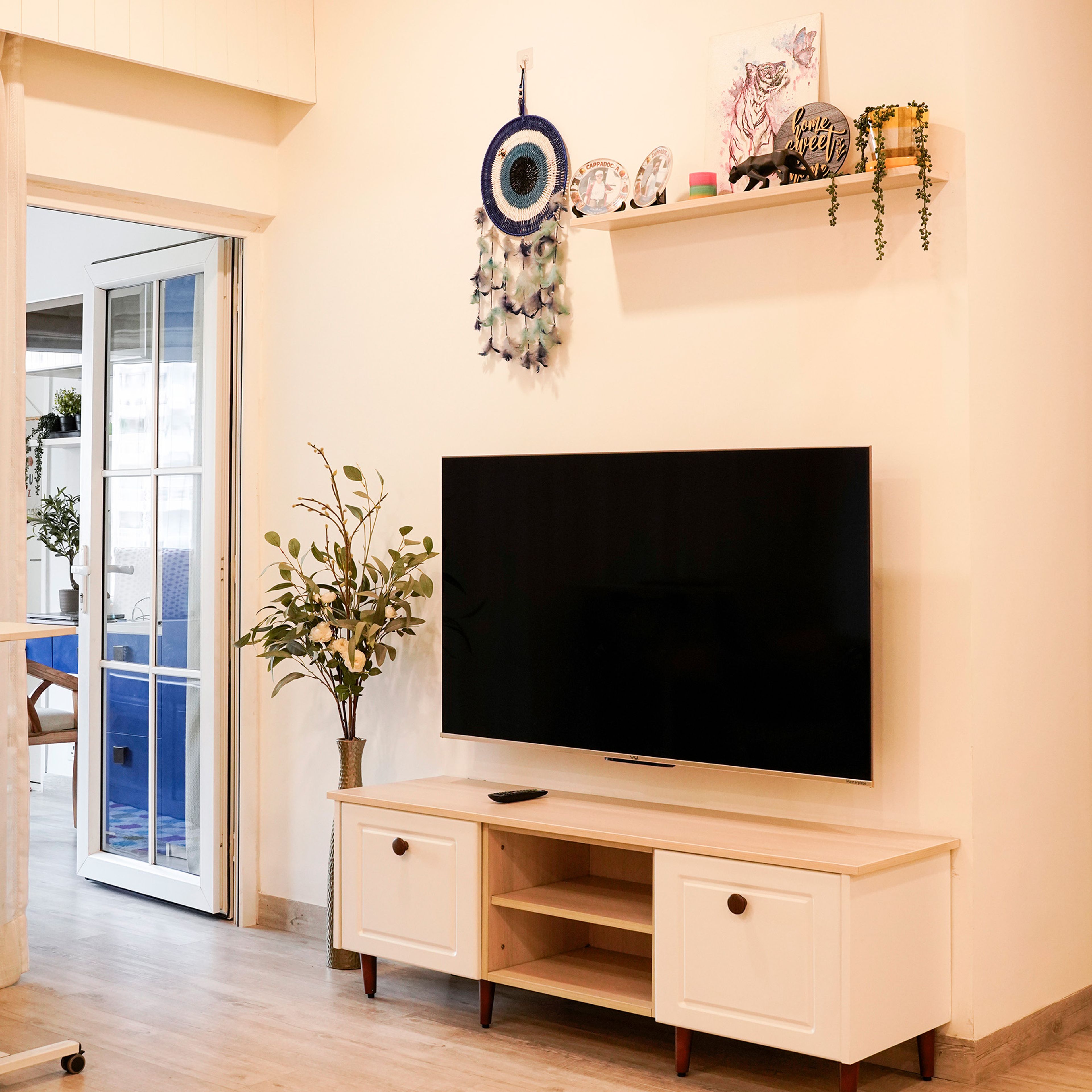 White TV Unit Design with Drawers and Wall Display Unit