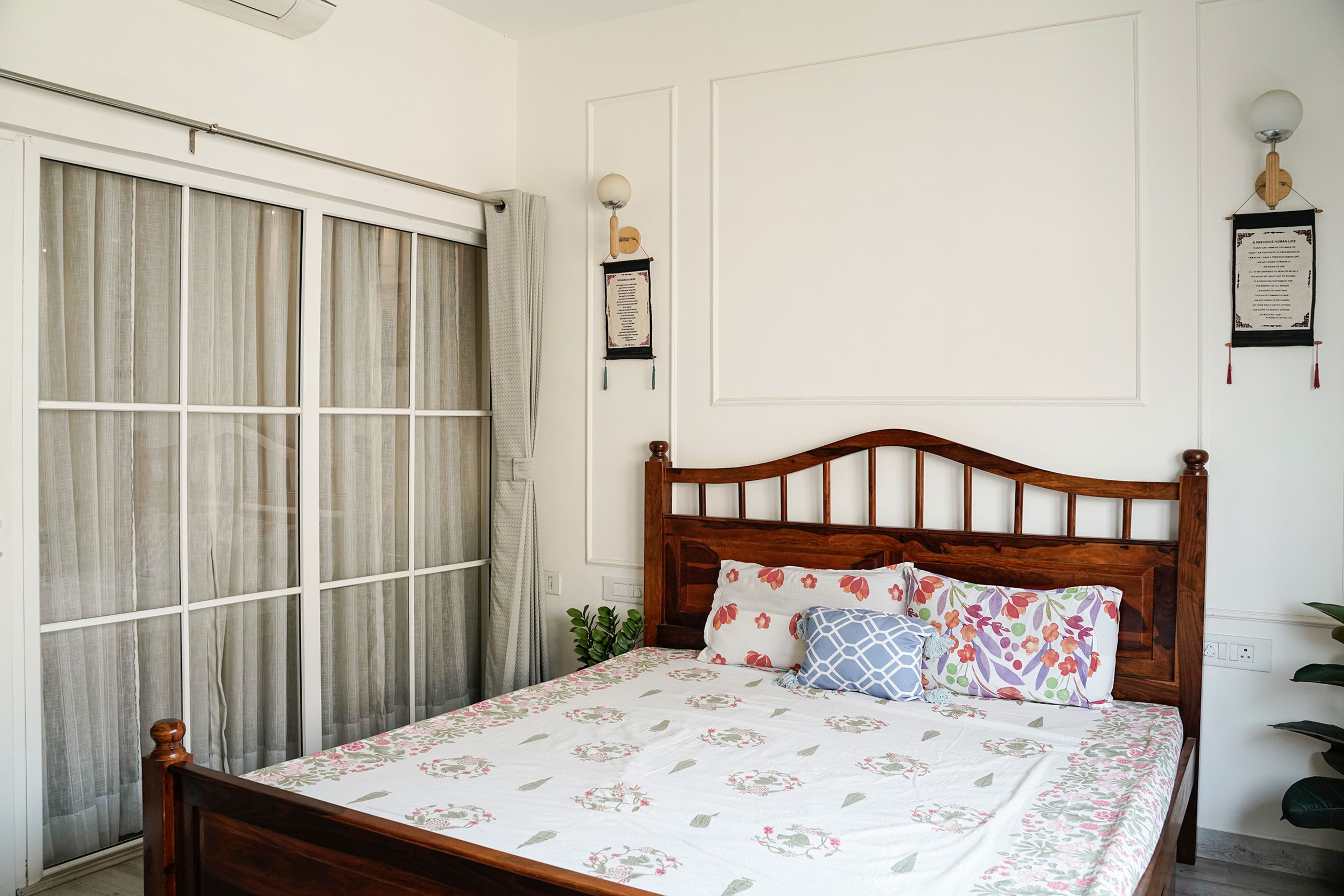 Bedroom Design with Wooden Frame Bed and White Wall with Trims
