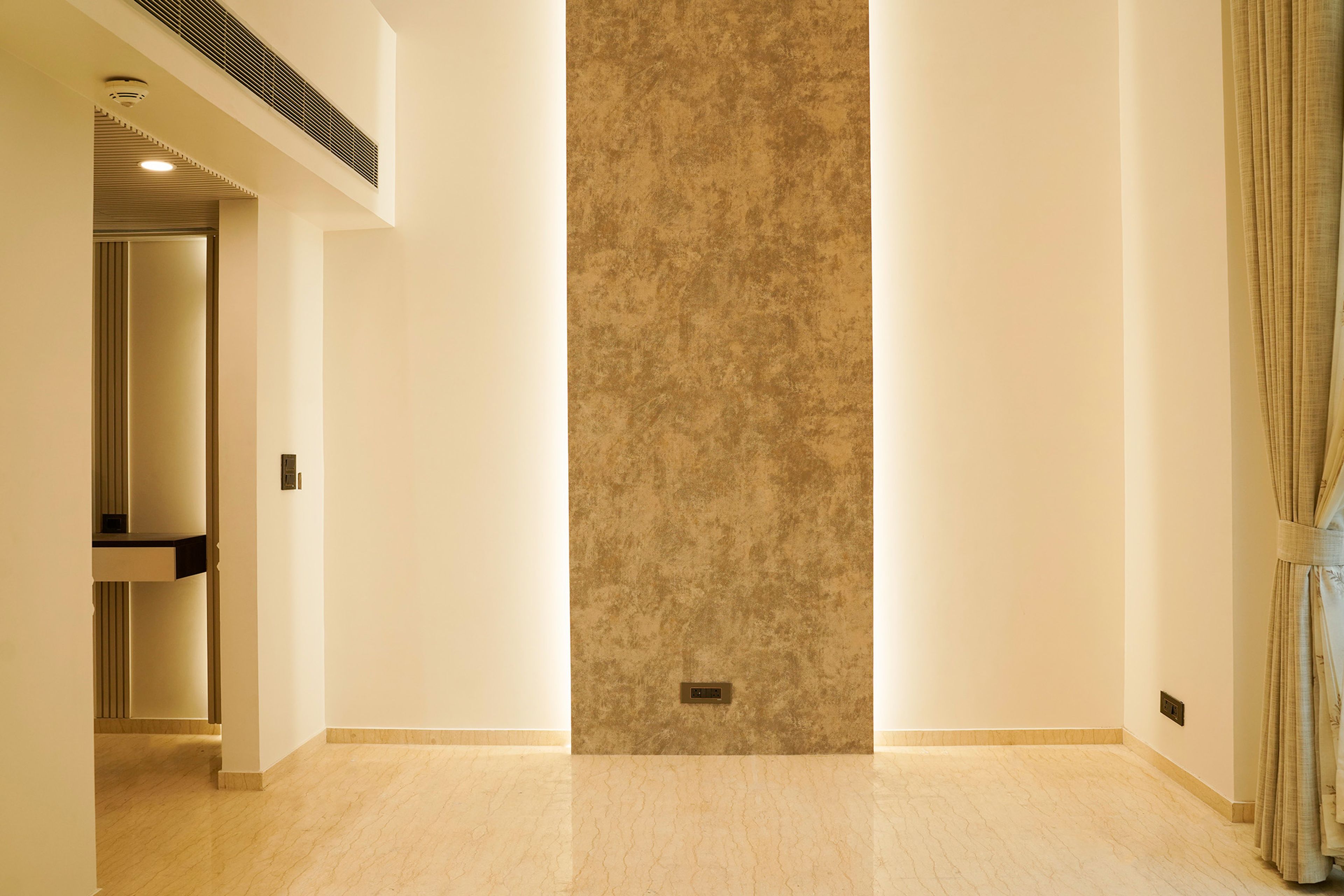 Brown textured wall design with white panels on the side