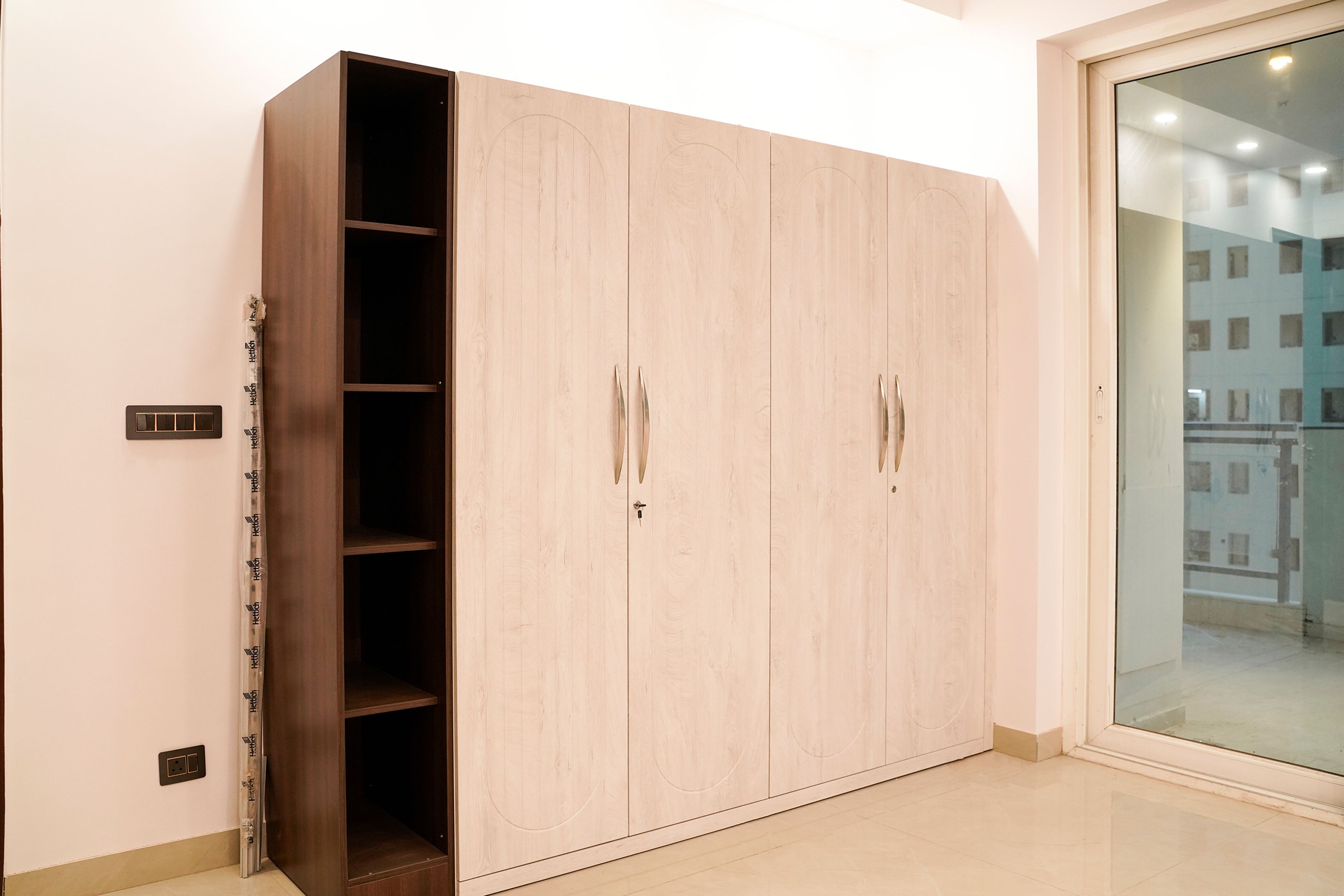 4-Door Light Pink Swing Wardrobe and Wooden Open Unit
