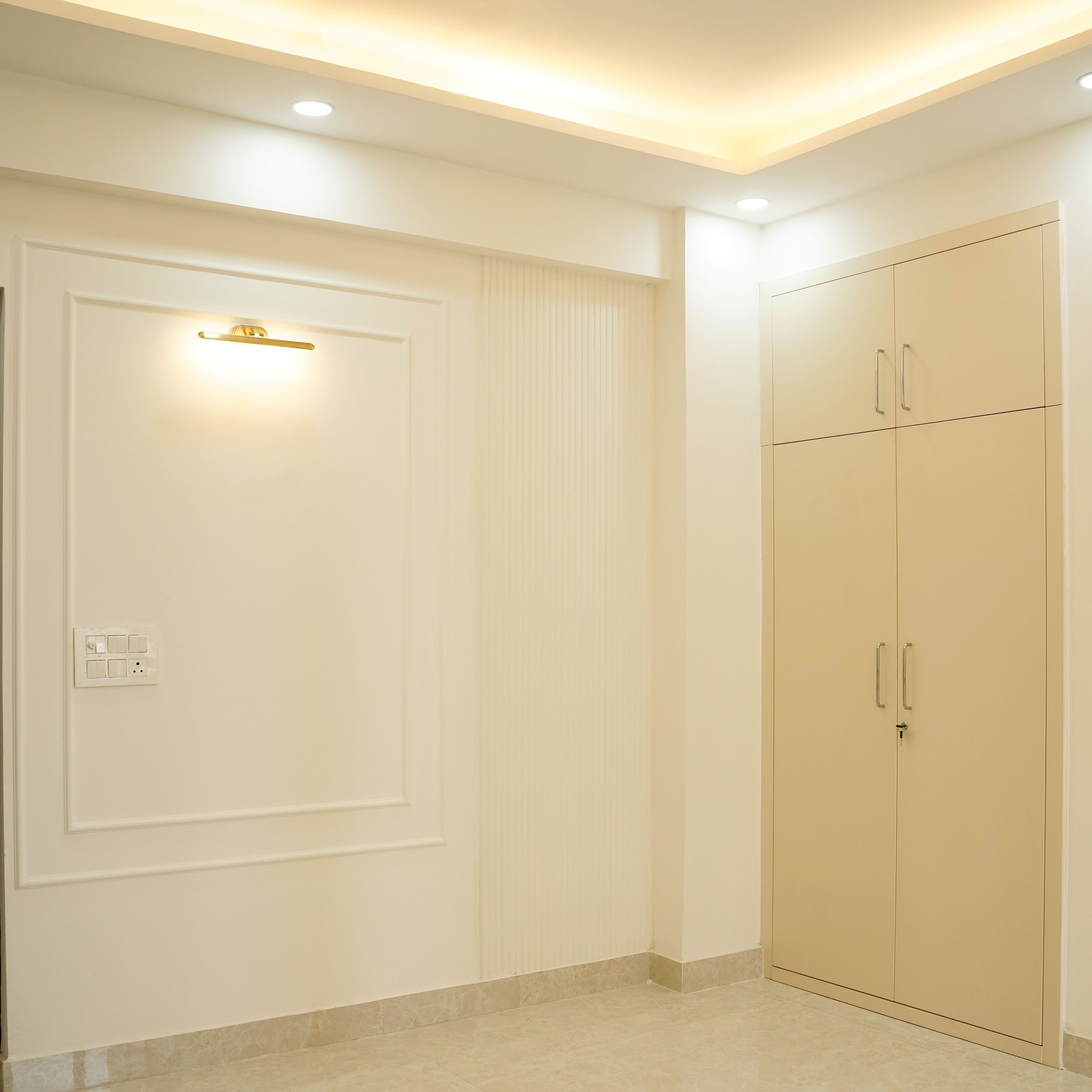 Bedroom Design with Off-White Wall with Trims and Louvers and 2-Door Cream Swing Wardrobe