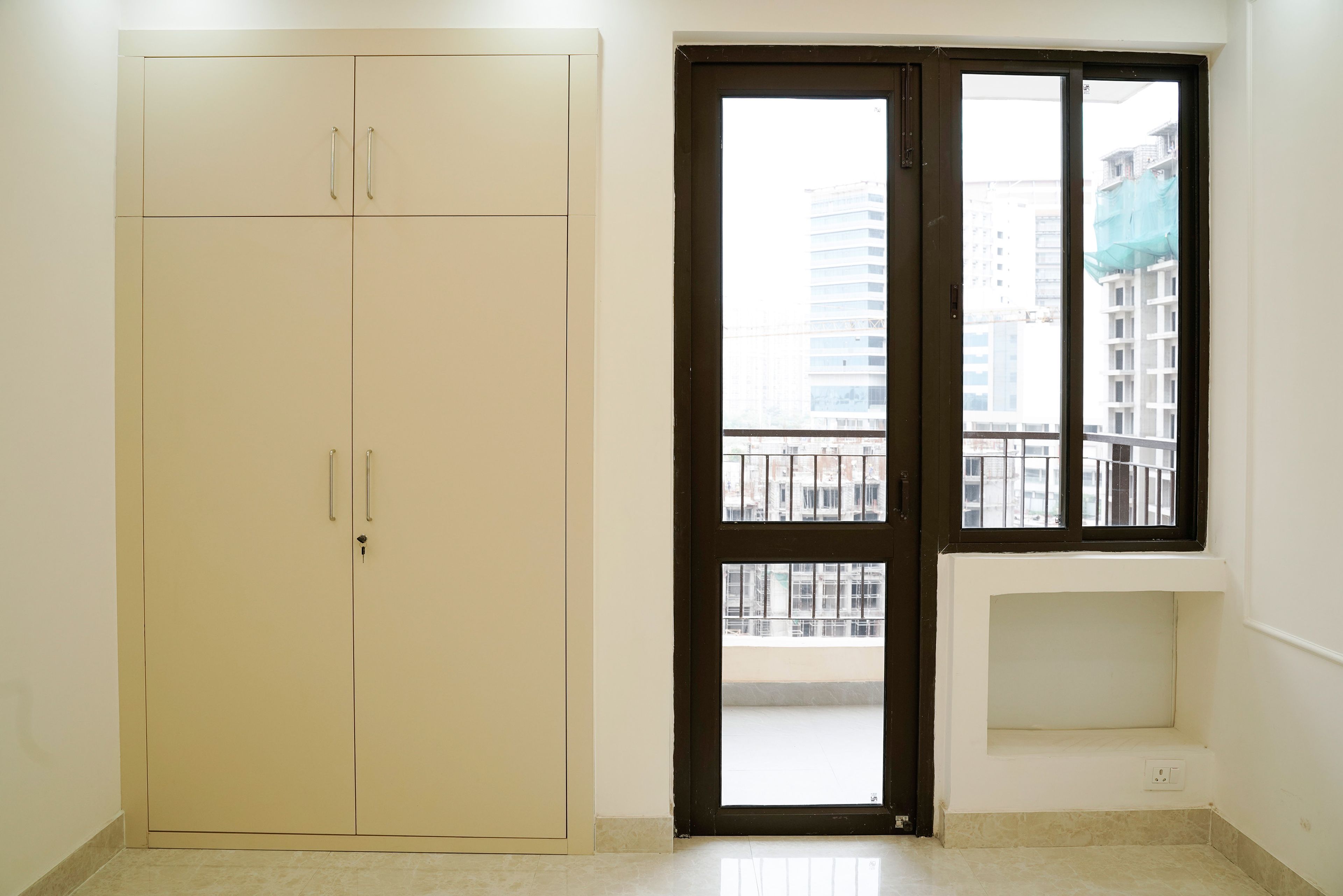 2-Door Cream Swing Wardrobe Design with Loft Unit