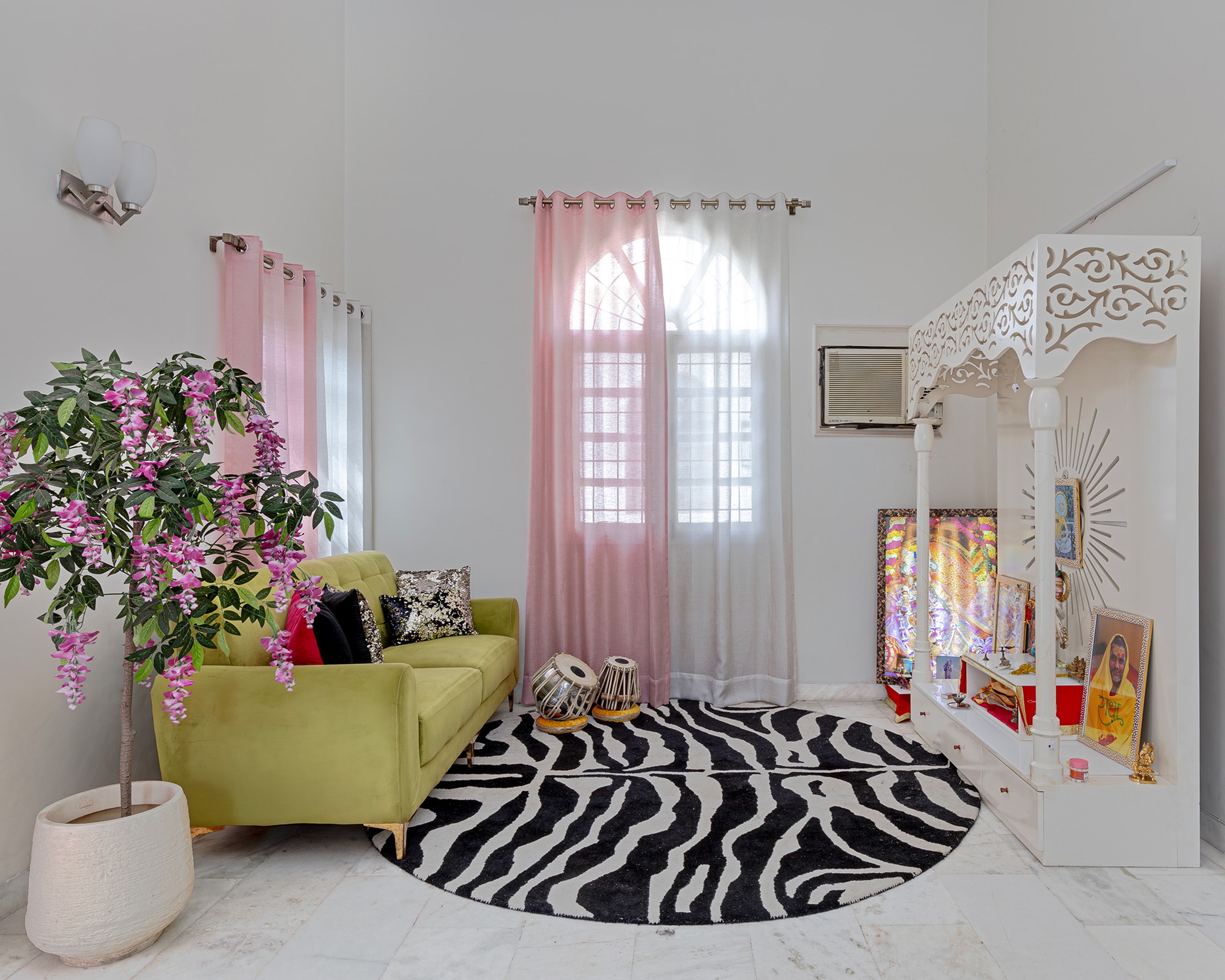 Home Office Design with Yellow Sofa and White Pooja Unit
