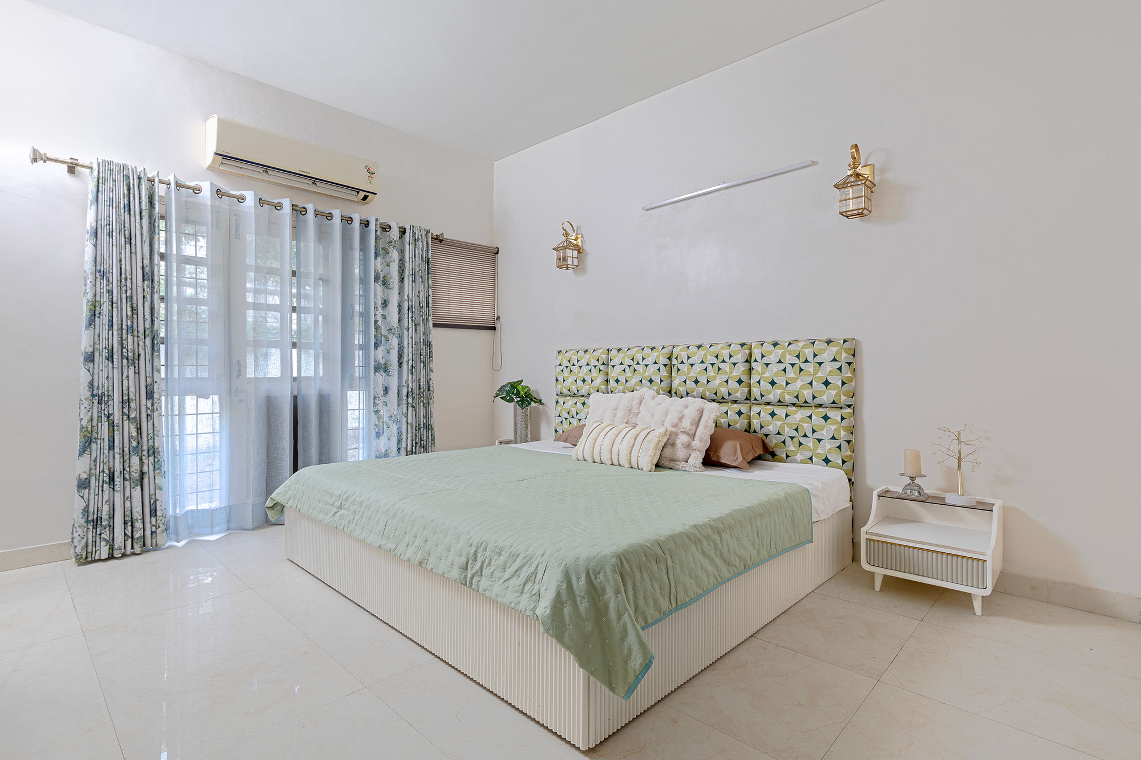 Bedroom Design with Printed Upholstered Headboard Bed and Side Table