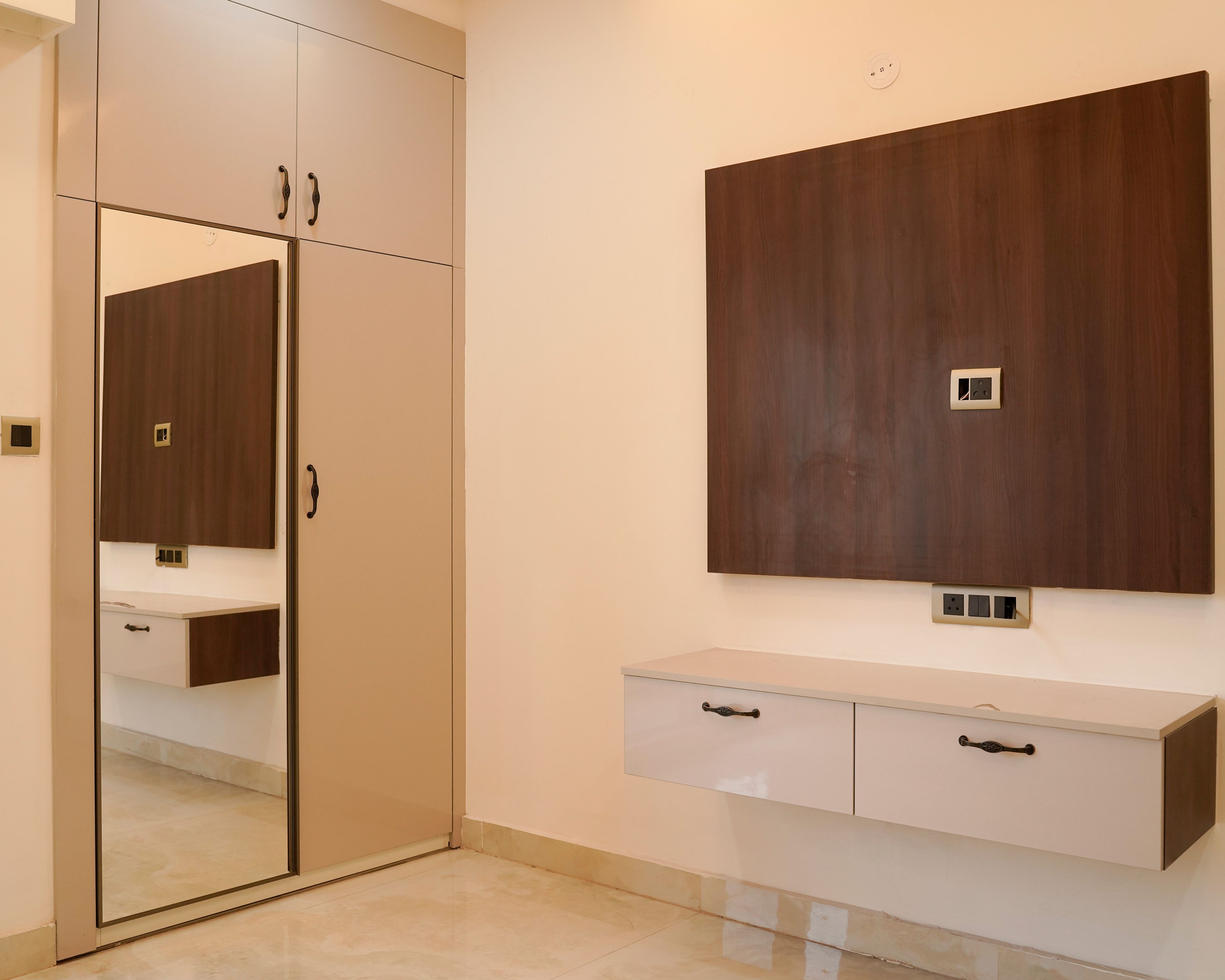 Bedroom Design with Wooden TV Unit and 2-Door Beige Swing Wardrobe with Mirror