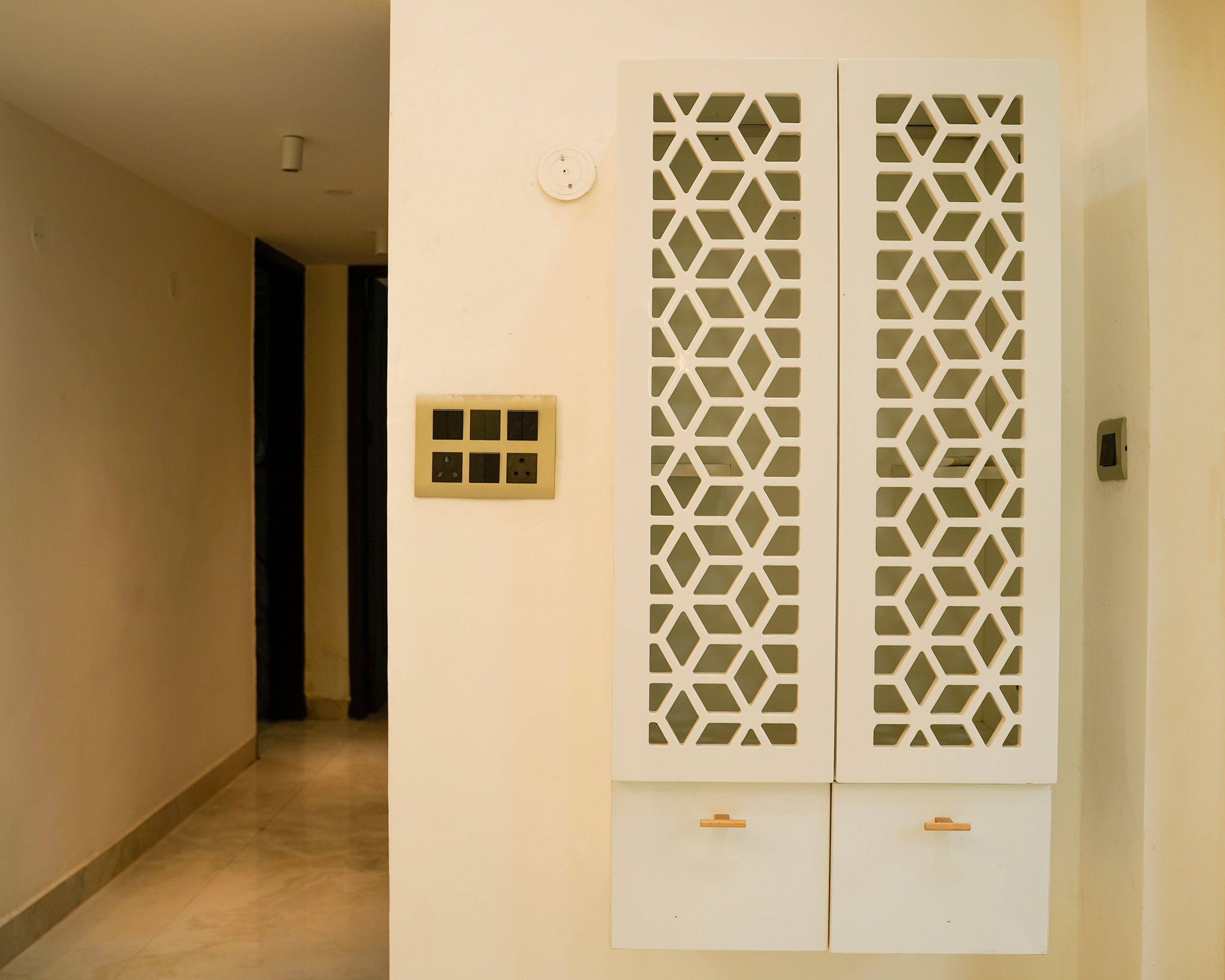 White Closed Door Jali Design Pooja Unit