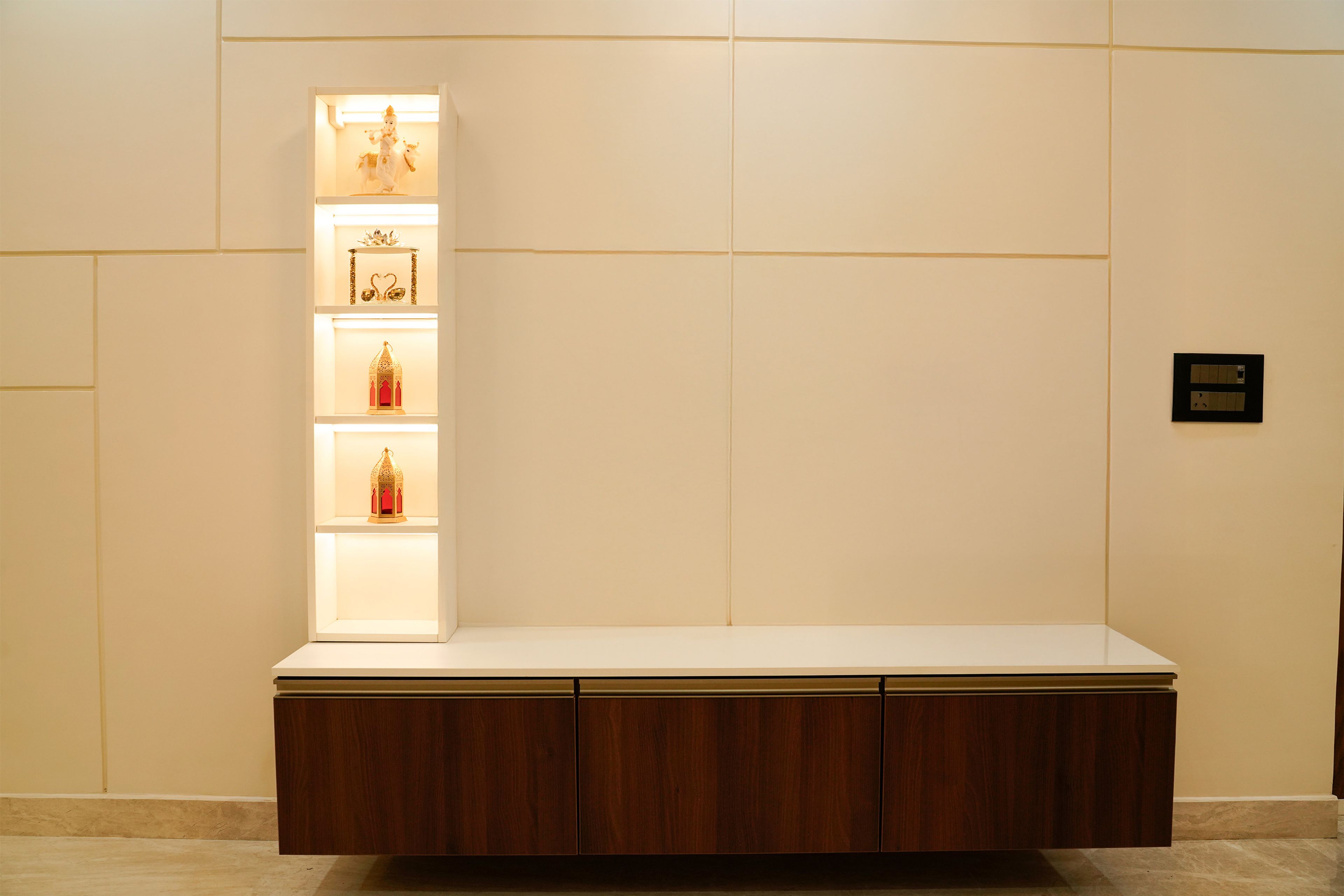 TV Unit Design with Wall Mounted Drawers and Tall Unit for God Idols