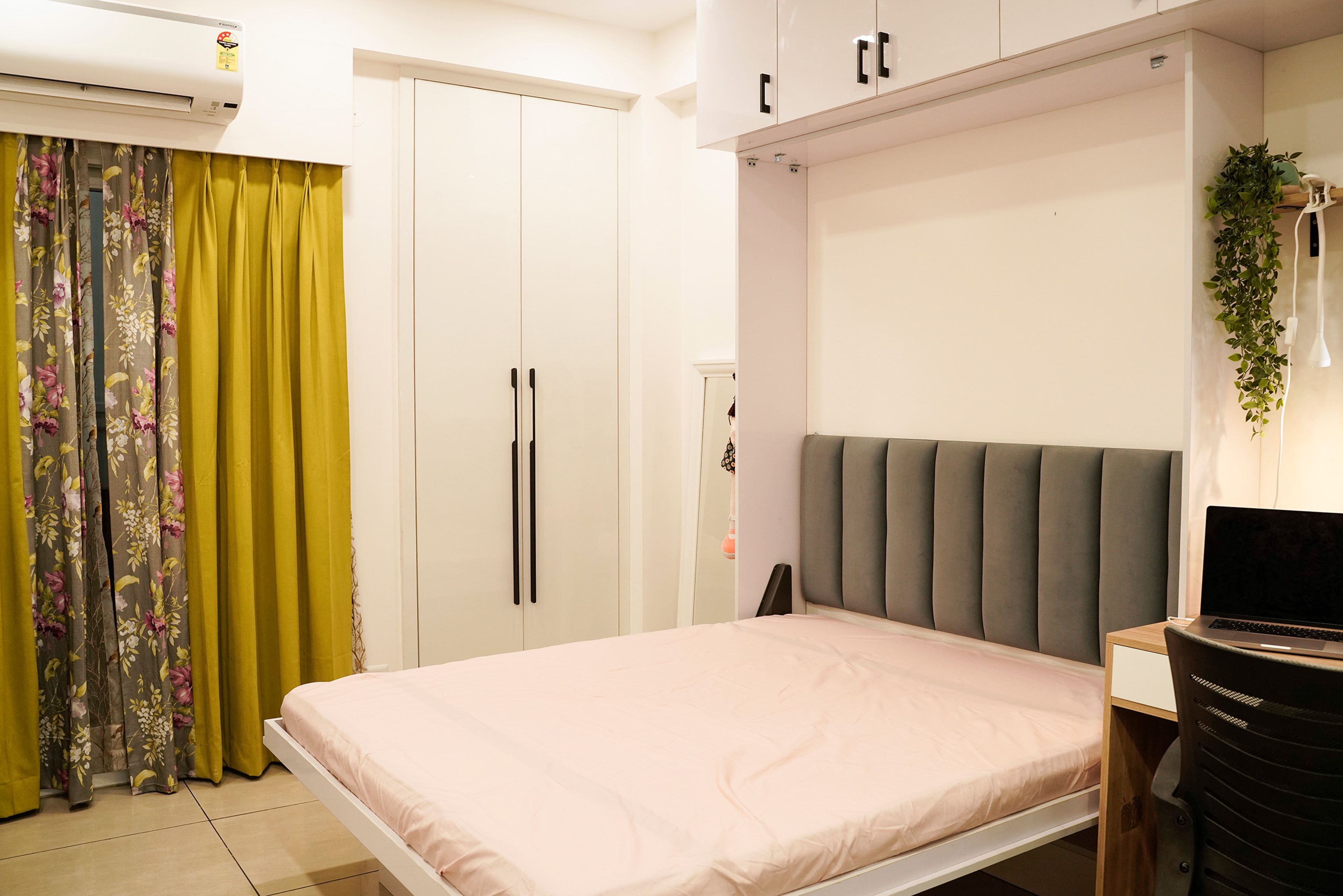 Bedroom Design with Grey Tufted Headboard Bed and White 2 Door Swing Wardrobe