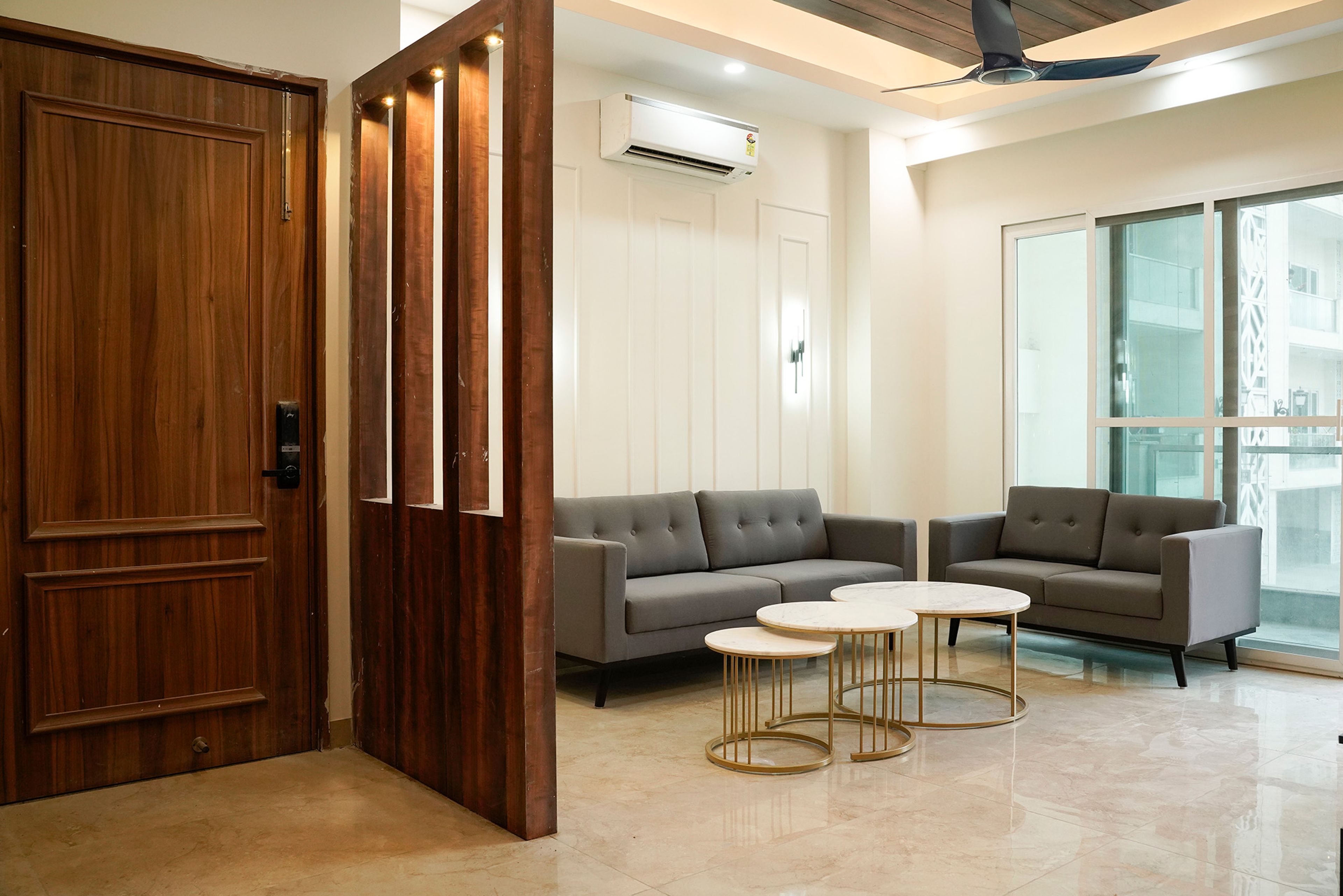 Living Room Design with Grey Sofas and Nesting Table