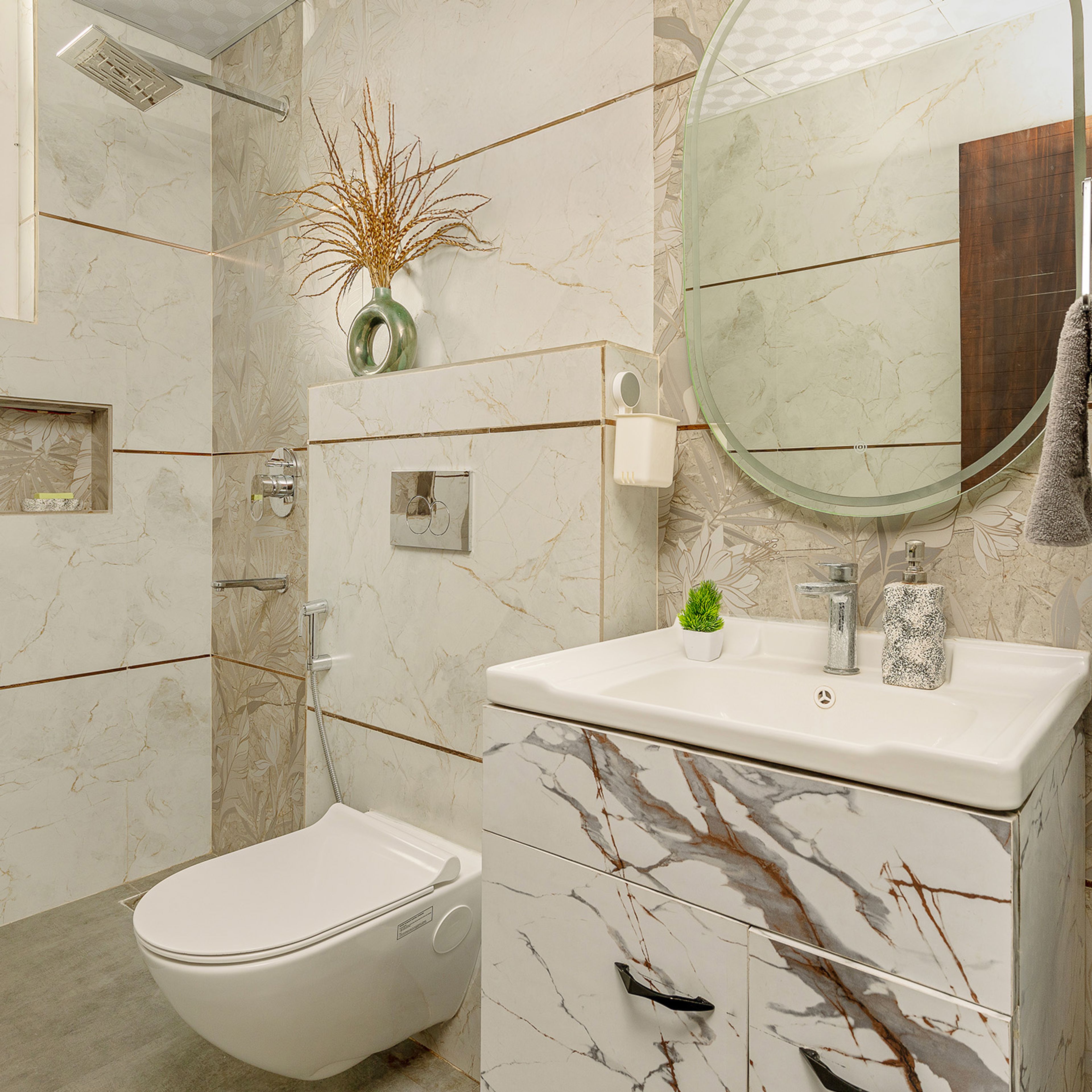 Bathroom Design with Marble Texture Cabinets, Oval Mirror and Marble Textire Wall Tiles