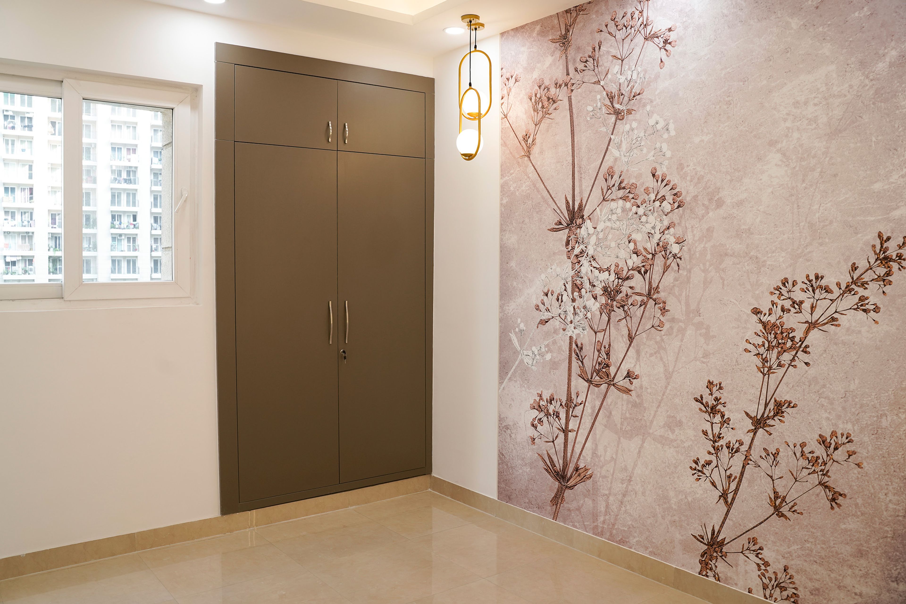 Bedroom Design with 2-Door Brown Swing Niche Wardrobe and Pink Floral Patterned Wallpaper