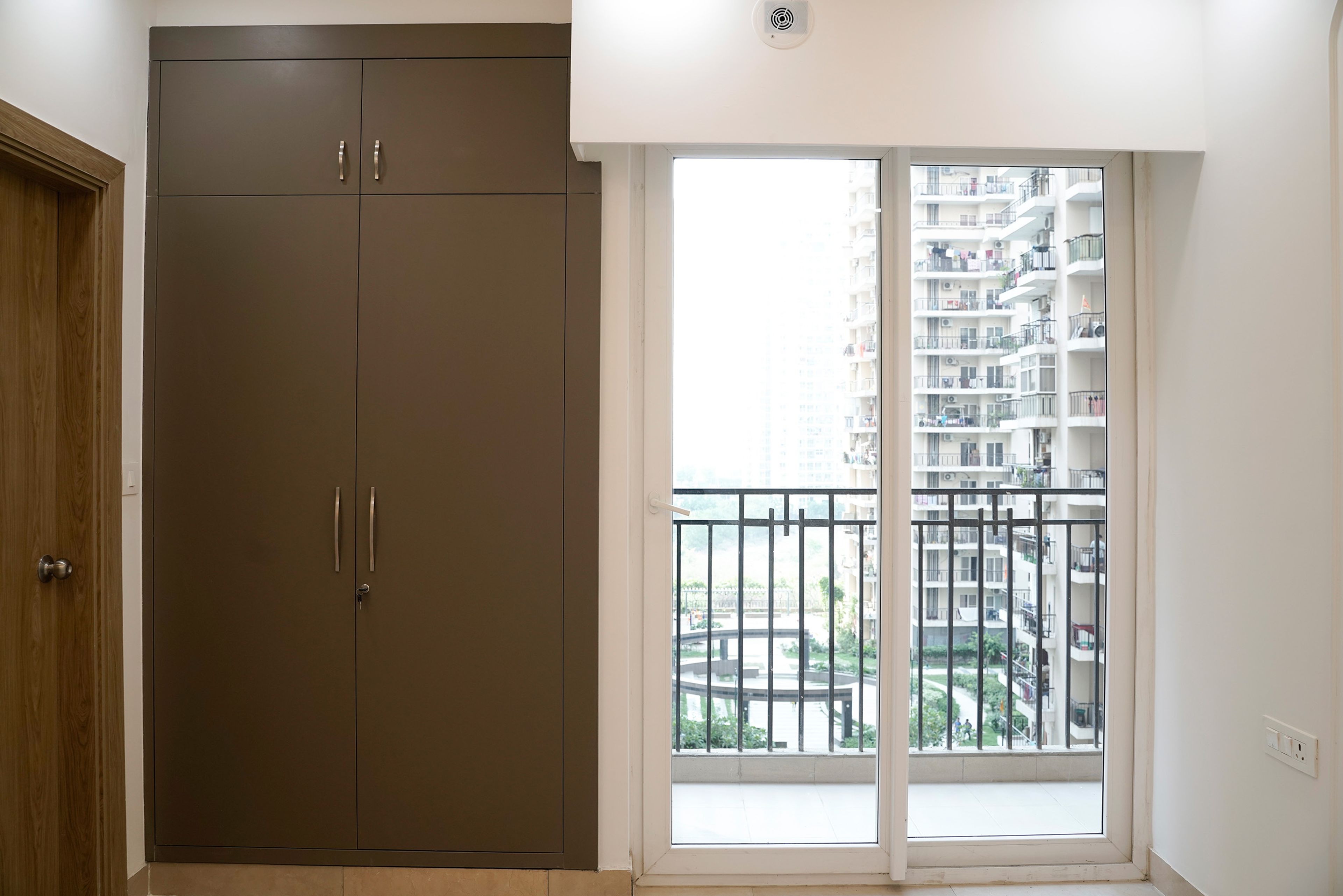 Bedroom Design with 2-Door Brown Swing Wardrobe