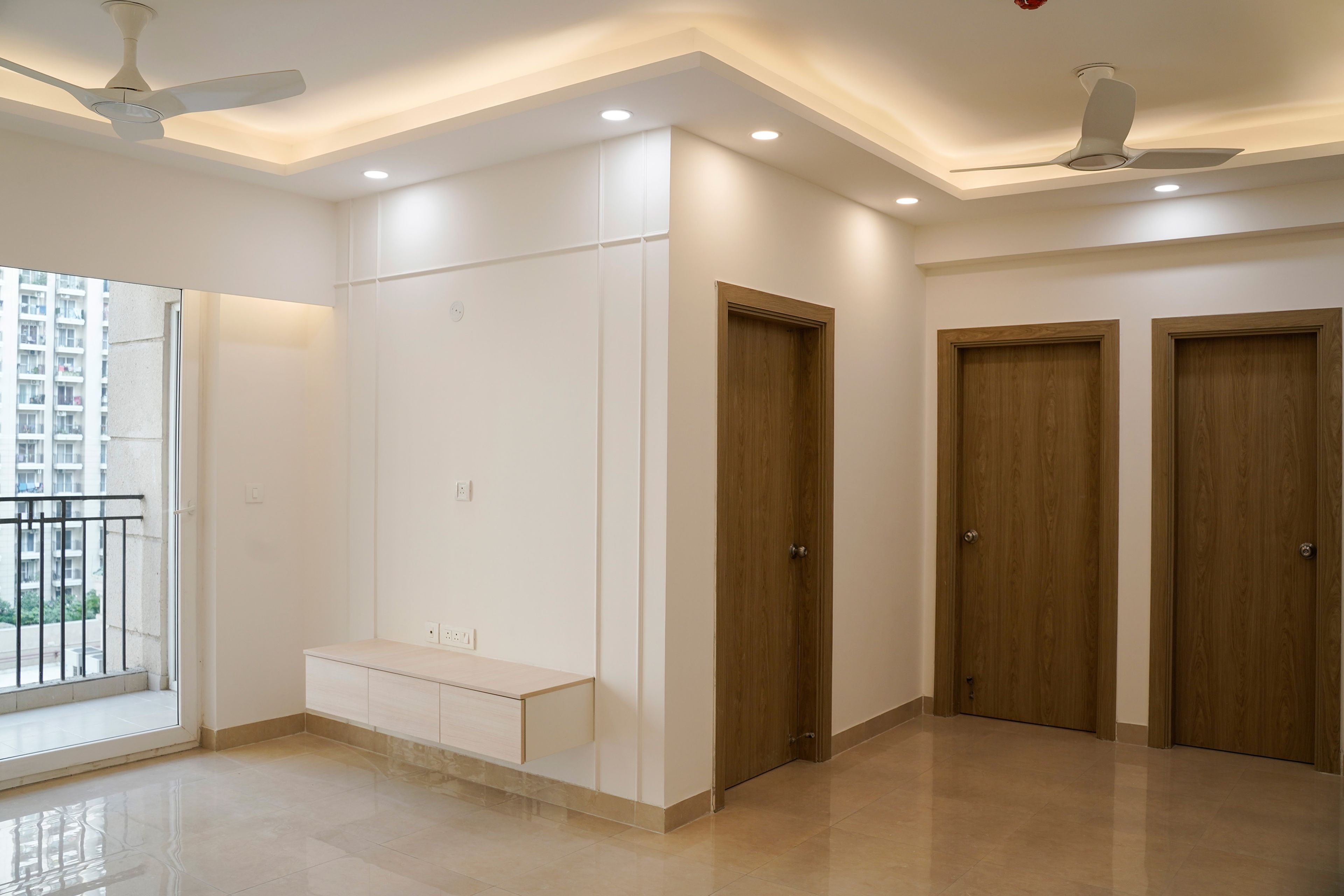 Living Room Design with Wall Mounted Wooden TV Unit