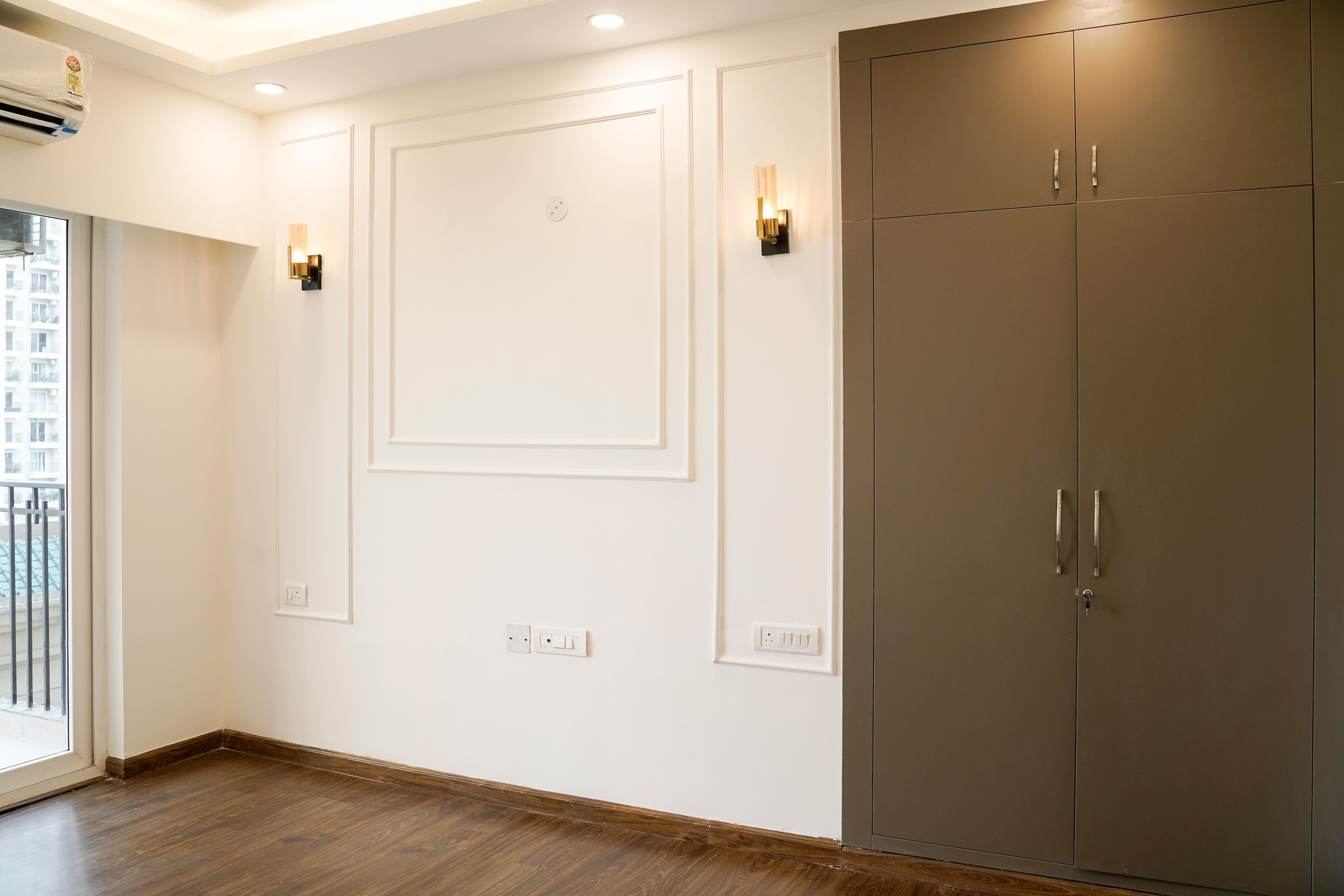 Bedroom Design with Off-White Wall with Trims and Brown 2-Door Swing Wardrobe