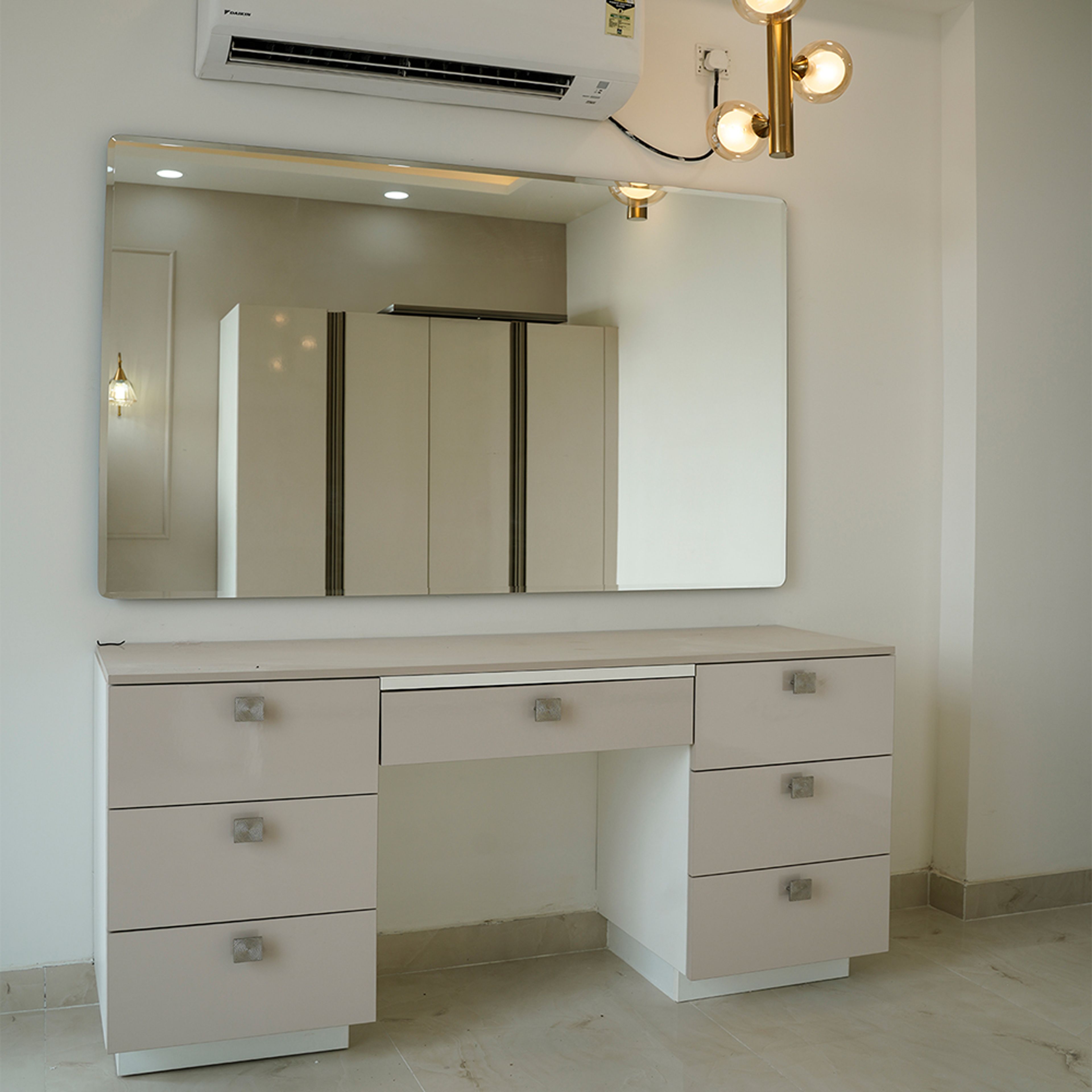 Wall Mounted Rectangular Mirror and Beige Drawers