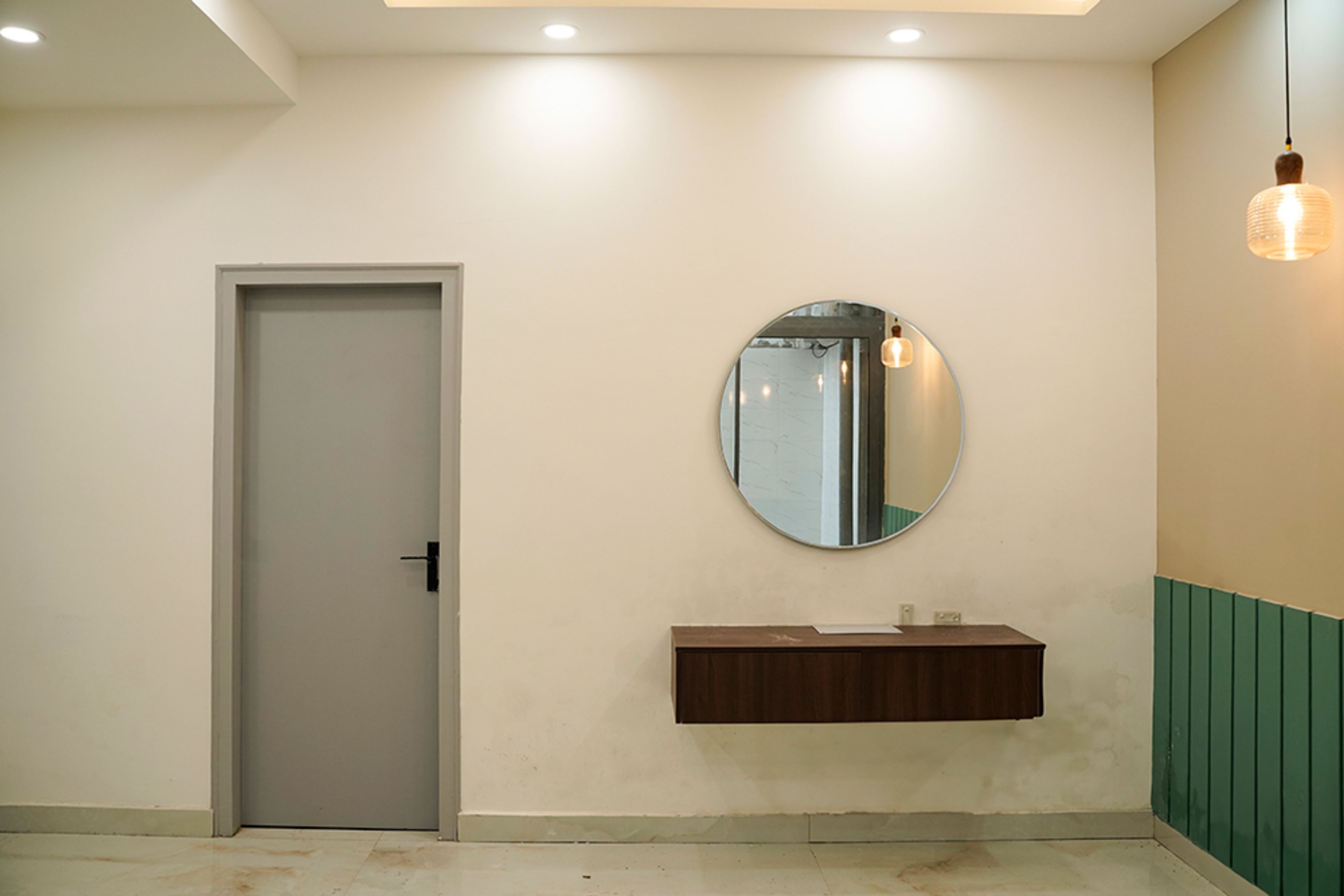 Round Wall Mounted Mirror with Wooden Drawers