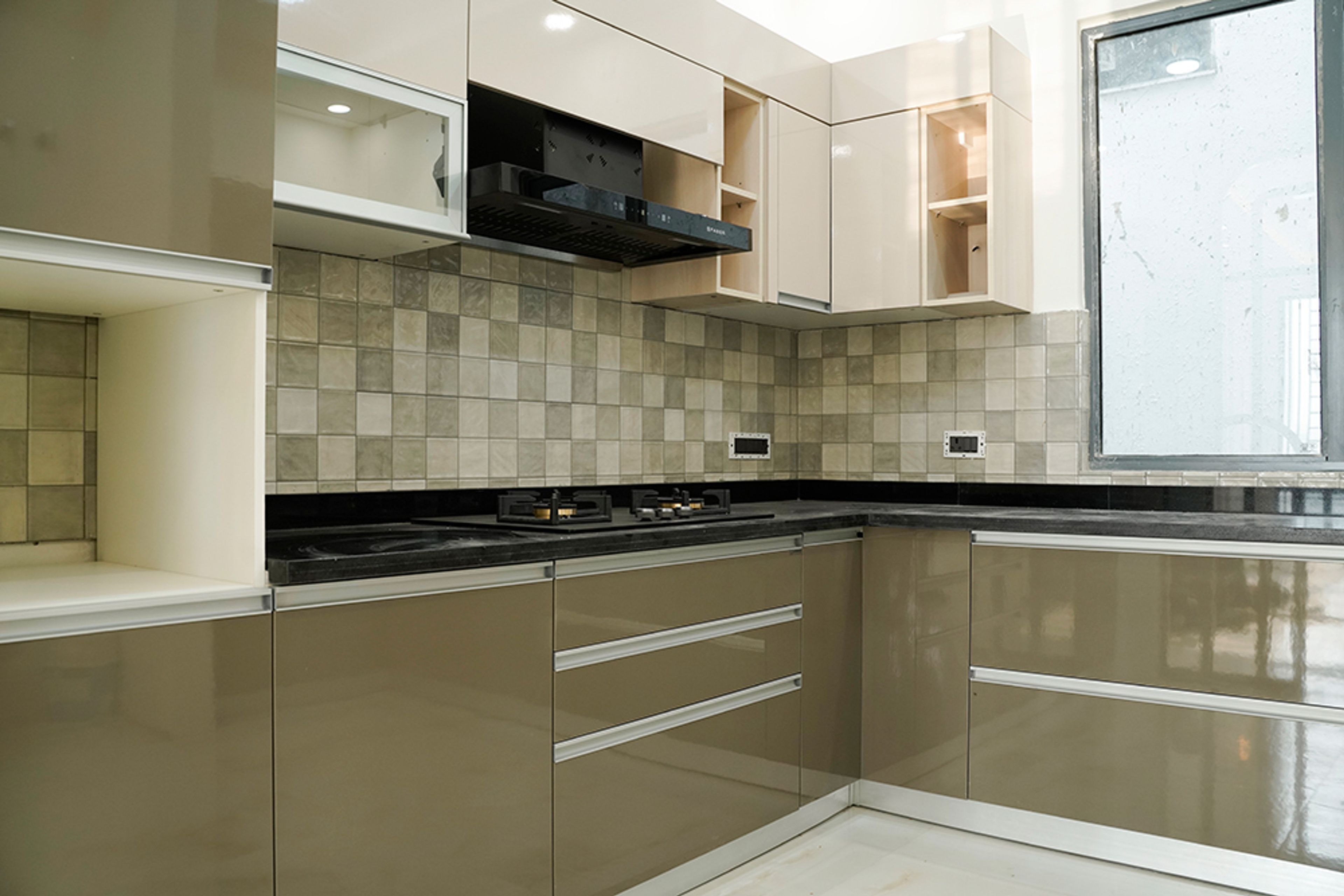 L-Shaped Kitchen Design with Brownish Grey and Cream Units and Grey Square Tiles Backsplash Wall