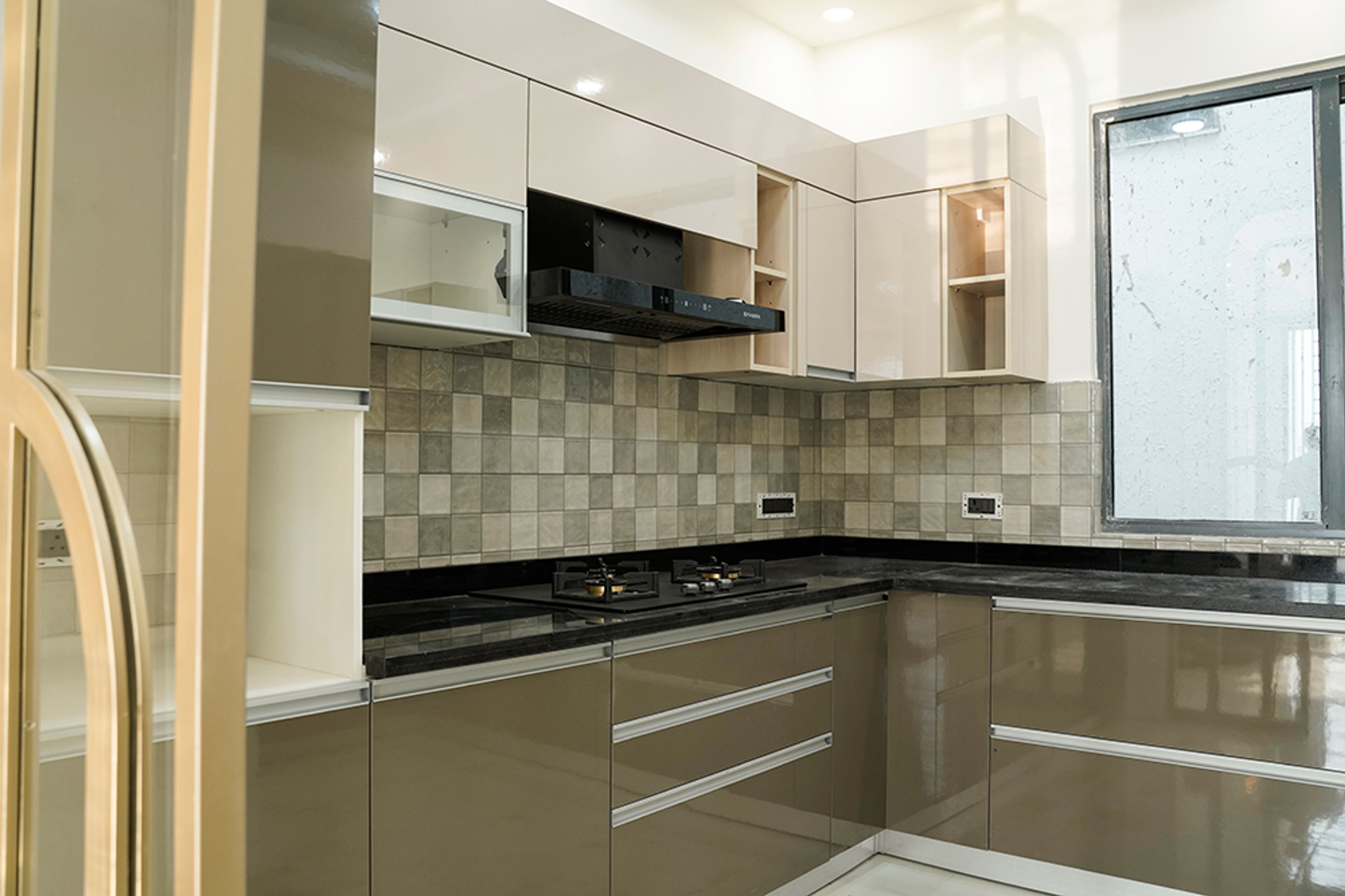 L-Shaped Kitchen Design with Brownish Grey and Cream Units