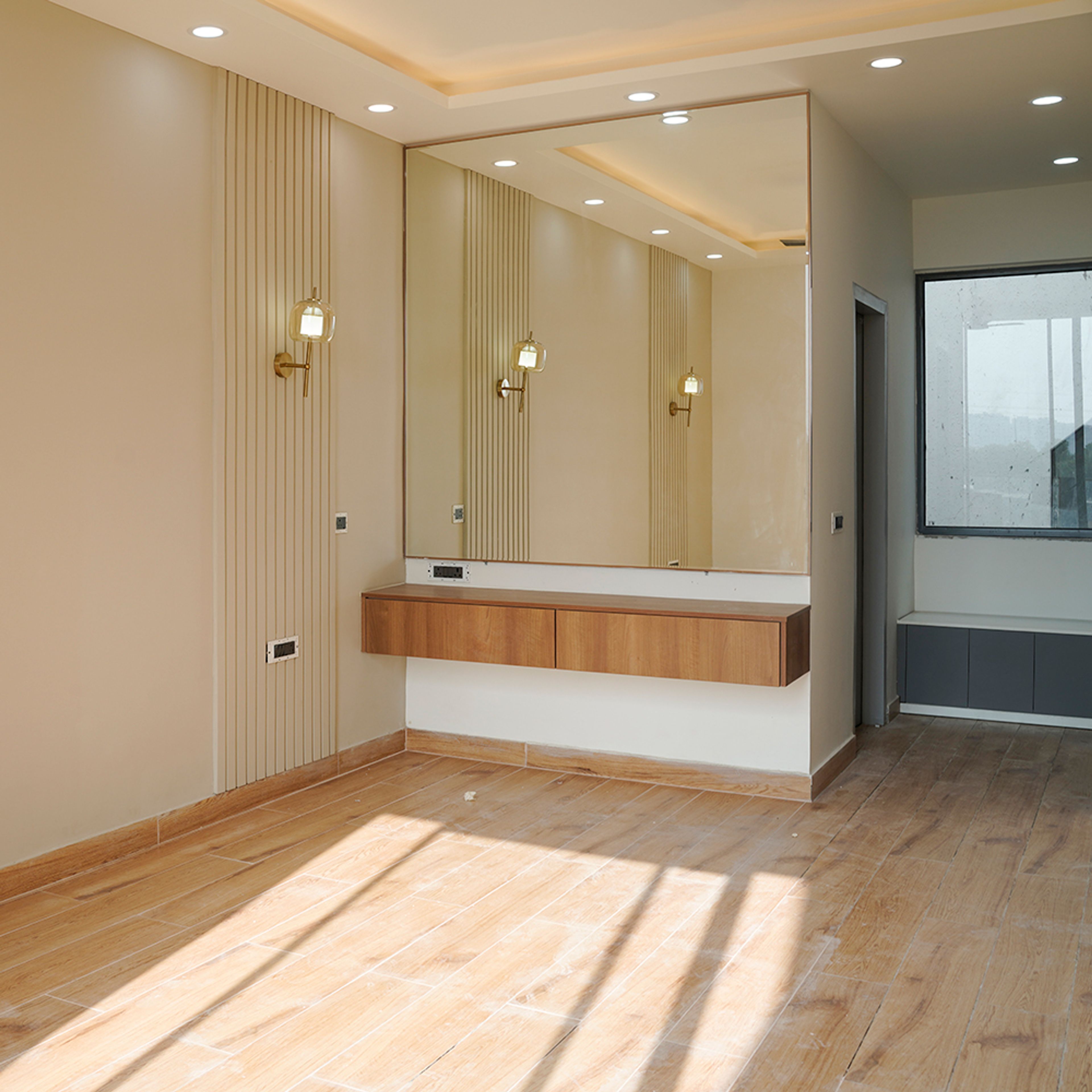 Wall Mounted Square Mirror with Wooden Floating Drawer