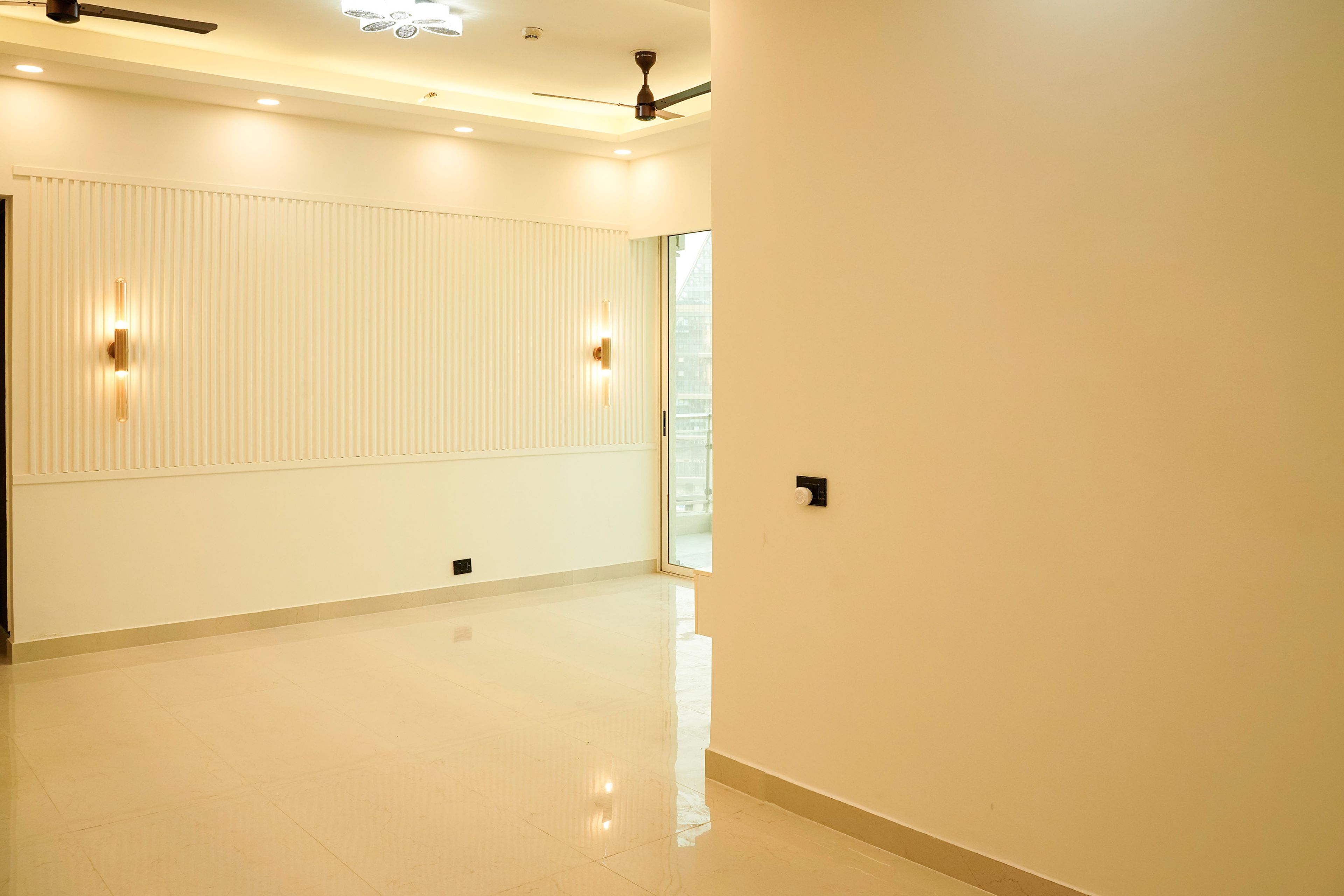 Cream living room design with wall slats