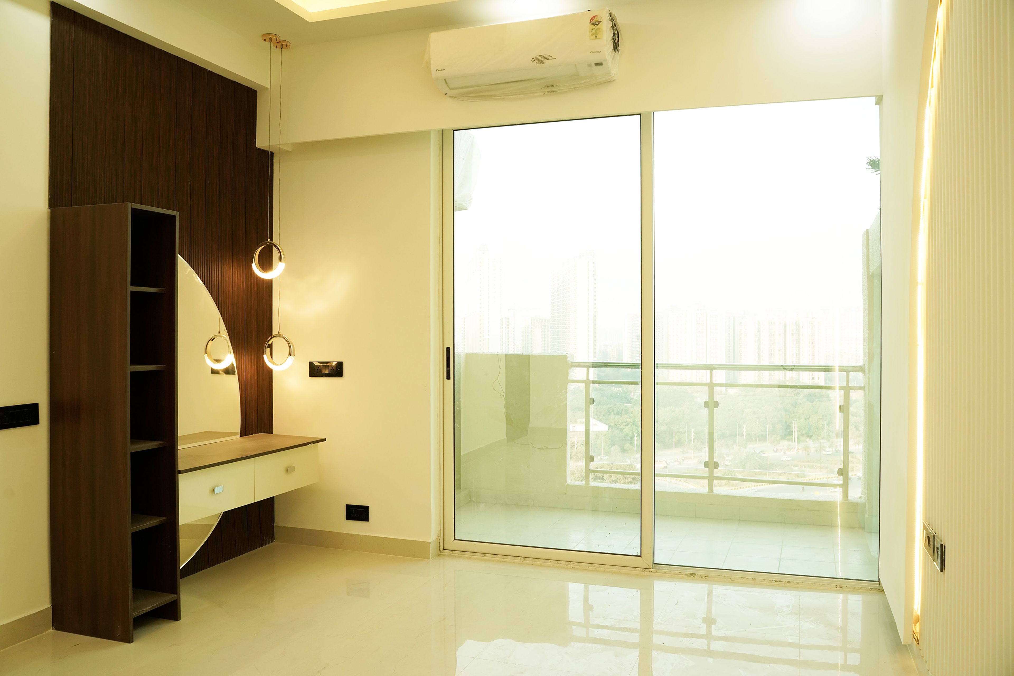 TV unit design with wooden tall unit and cream drawers