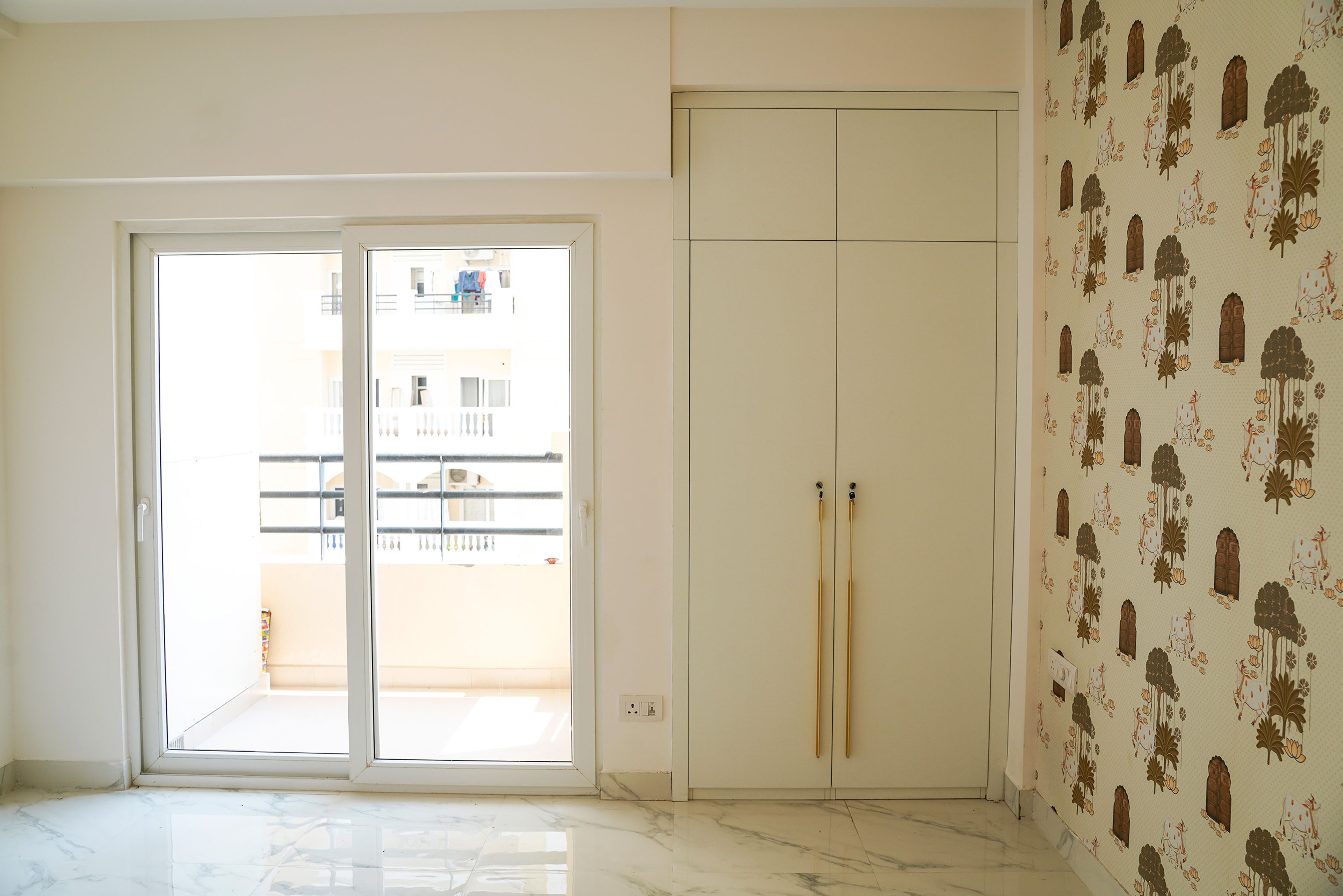 2-Door Swing Wardrobe Design with Ethnic Motif Wallpaper with Cows and Trees