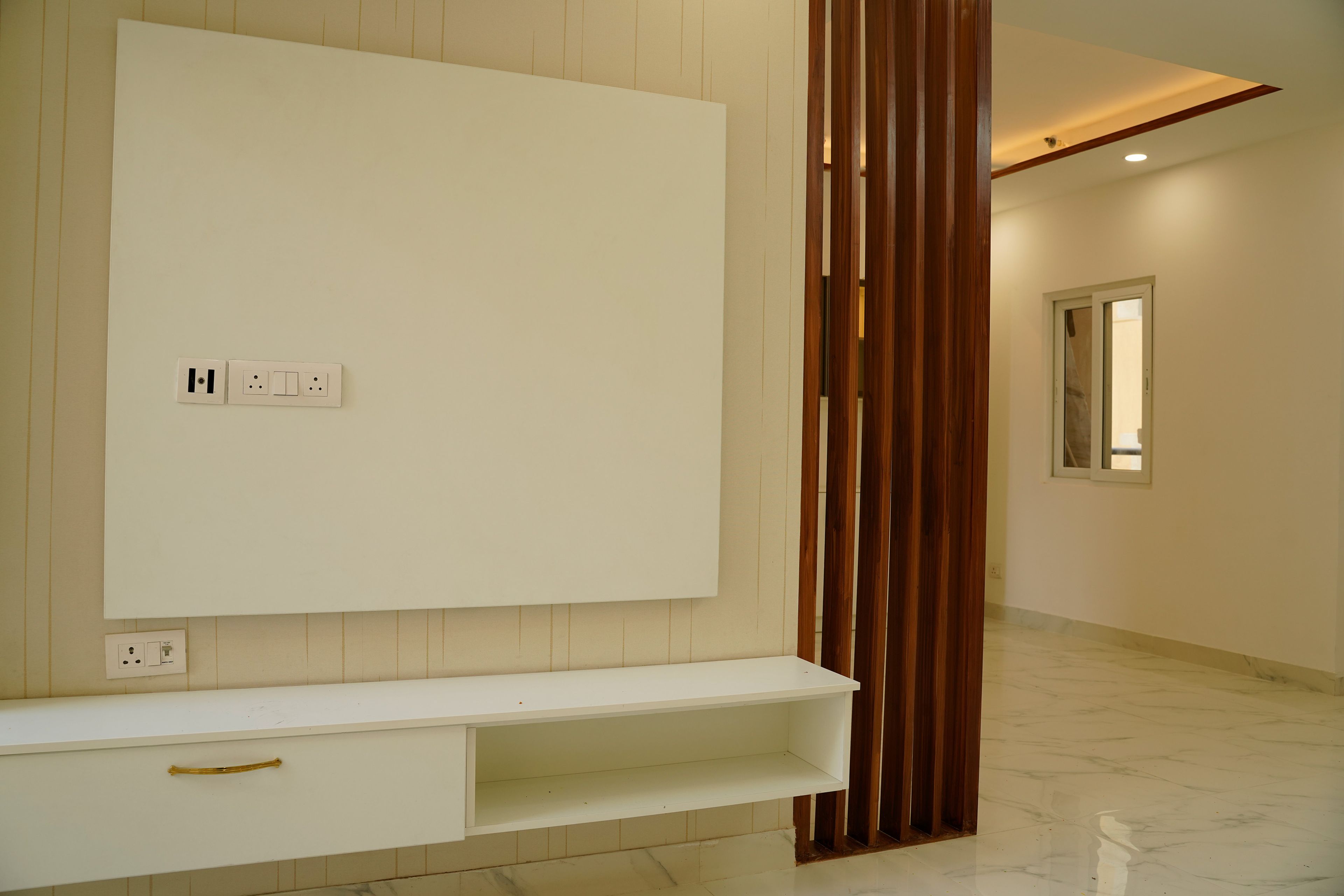 TV Unit Design with Wall Mounted Drawers and Wooden Slats