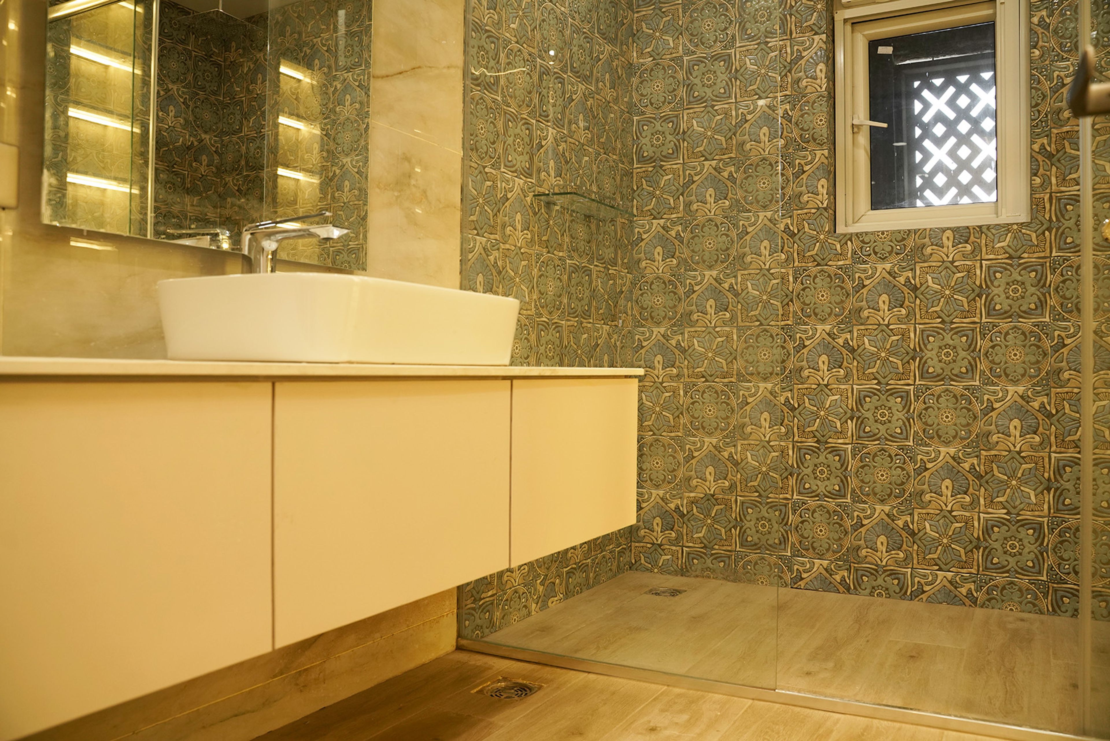 Bathroom Design with White Cabinet and Moroccan Wall Tiles