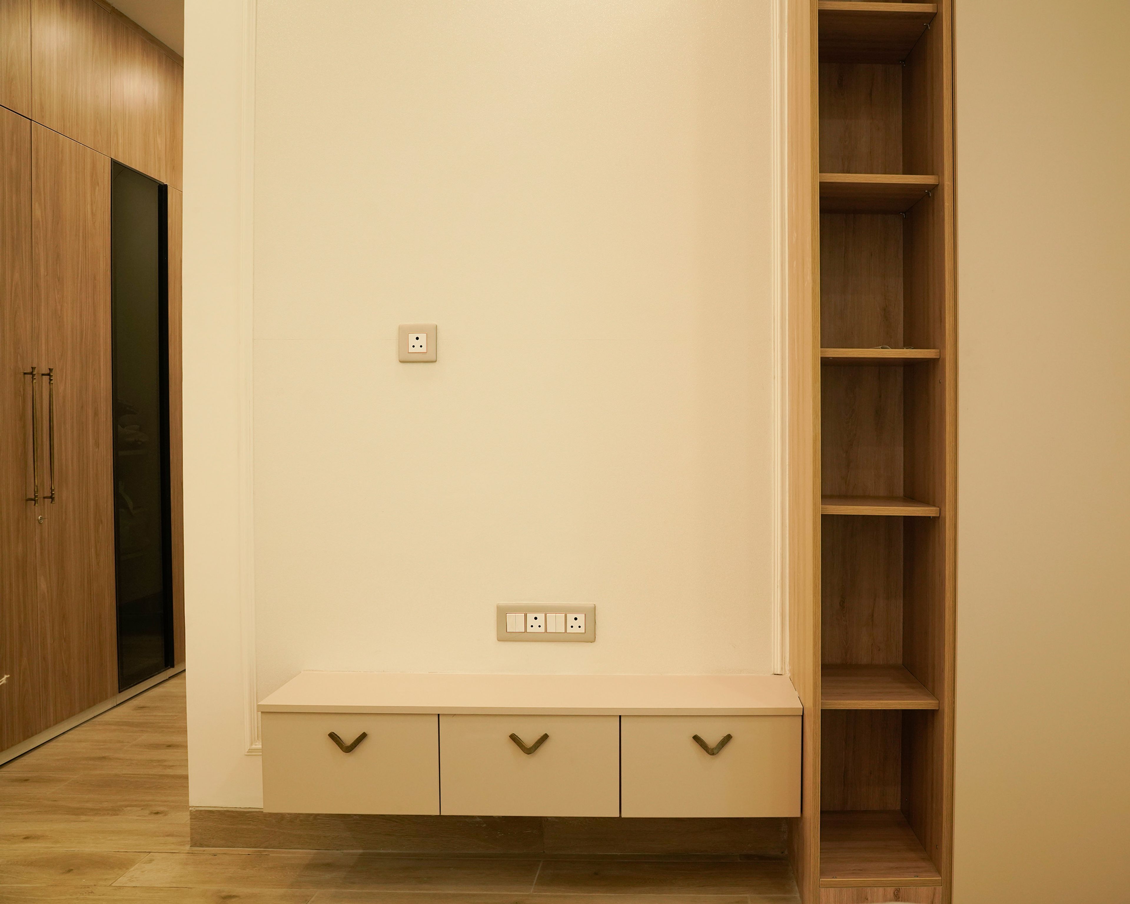 TV Unit Design with Beige Drawers abd Wooden Open Display Unit