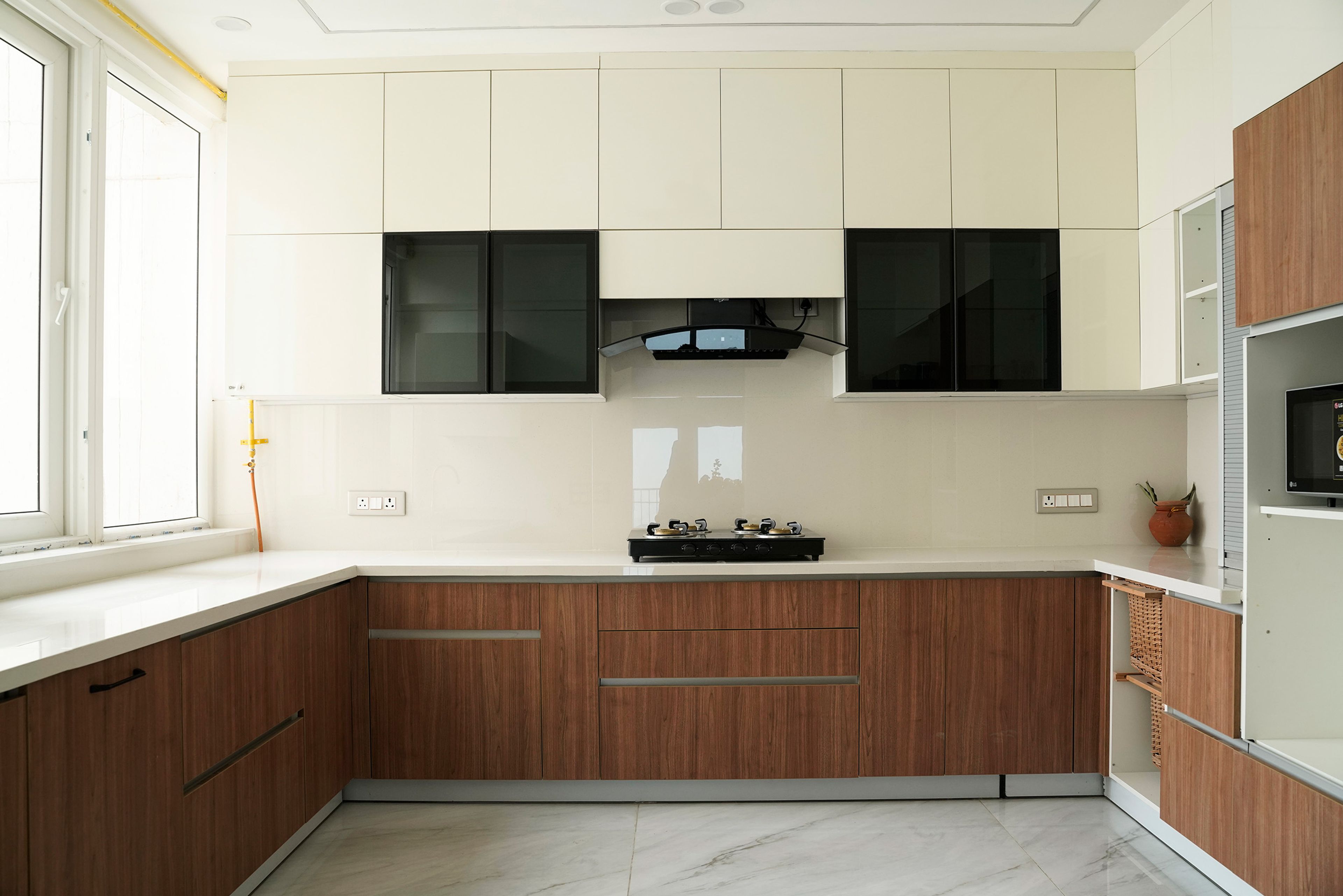 U-Shaped Kitchen Design with Wooden Base units and Off-White Wall Units