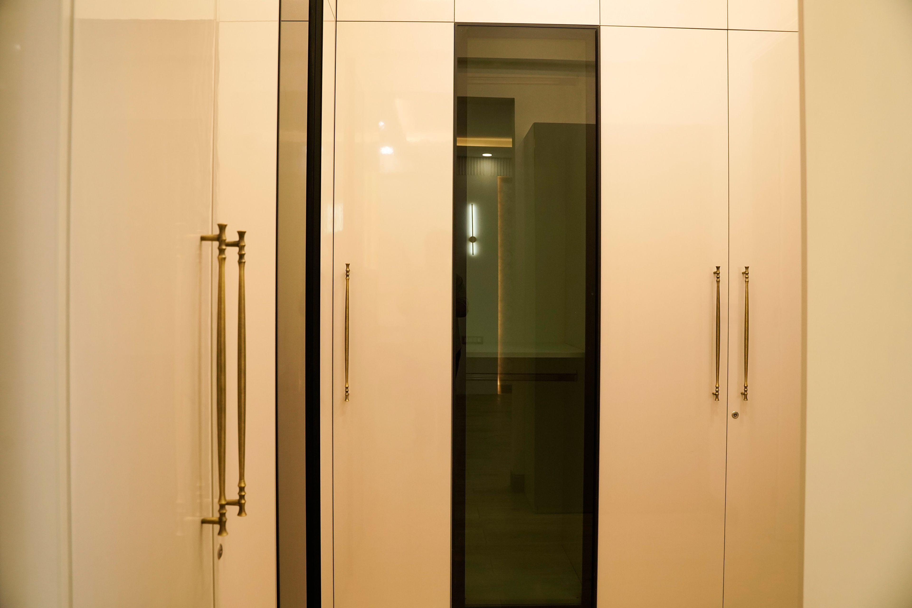 Beige 3-Door Swing Wardrobe with Tinted Black Glass Shutter Tall Unit