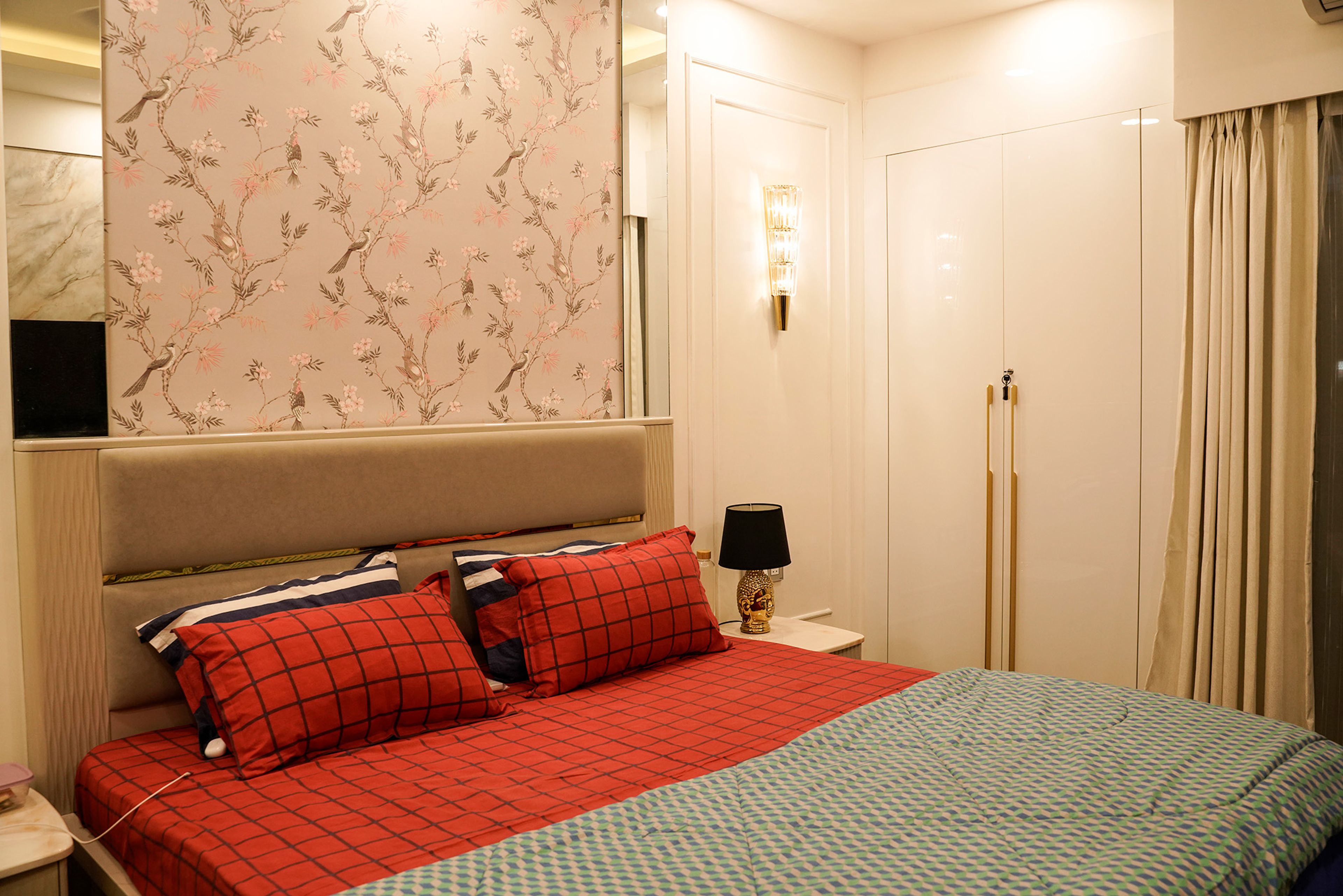 Bedroom Design with Beige floral Wallpaper and 2-Door Swing Wardrobe