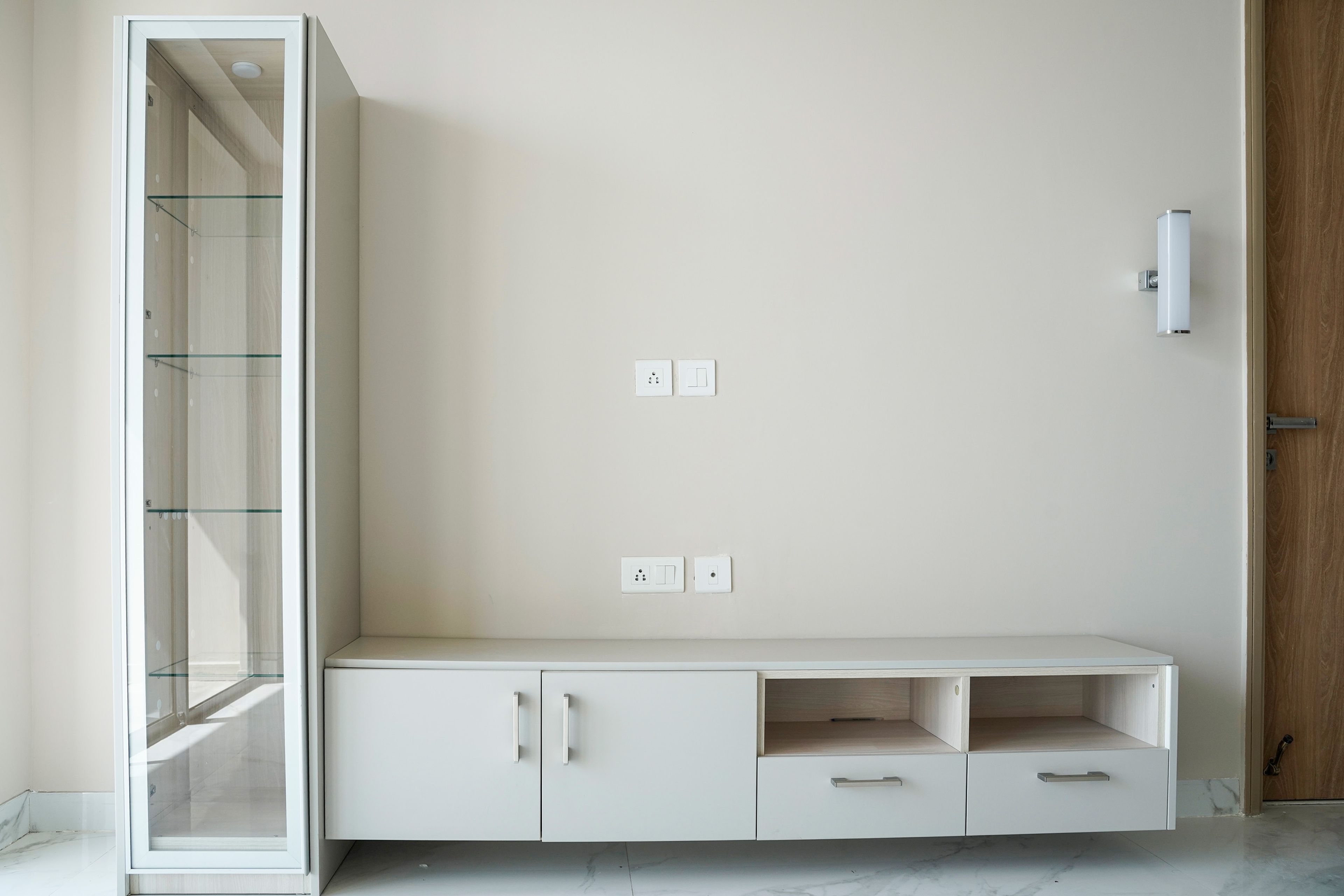 White TV Unit Design with Glass Shutter Tall Unit